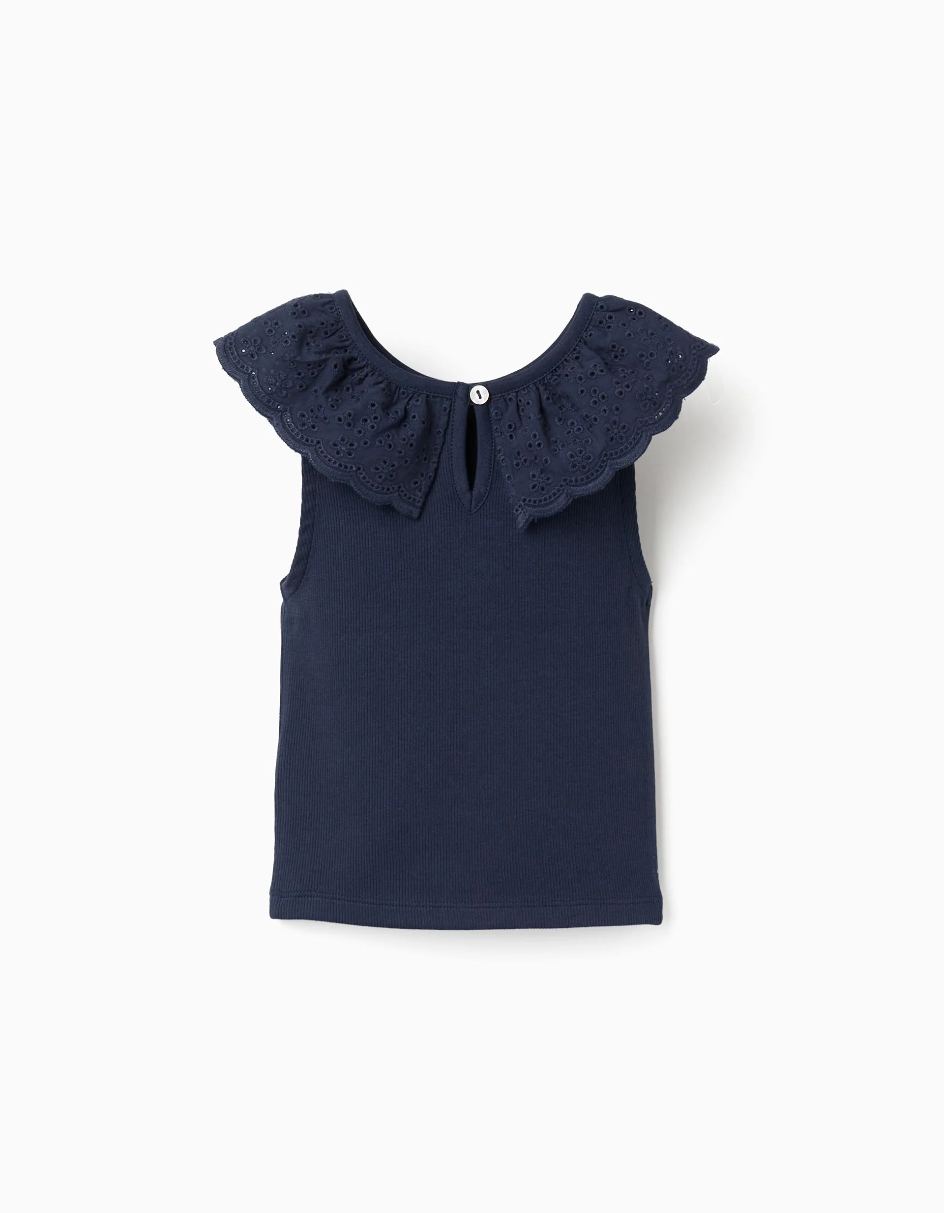 Cotton sleeveless top with embroidered collar for girls, dark blue