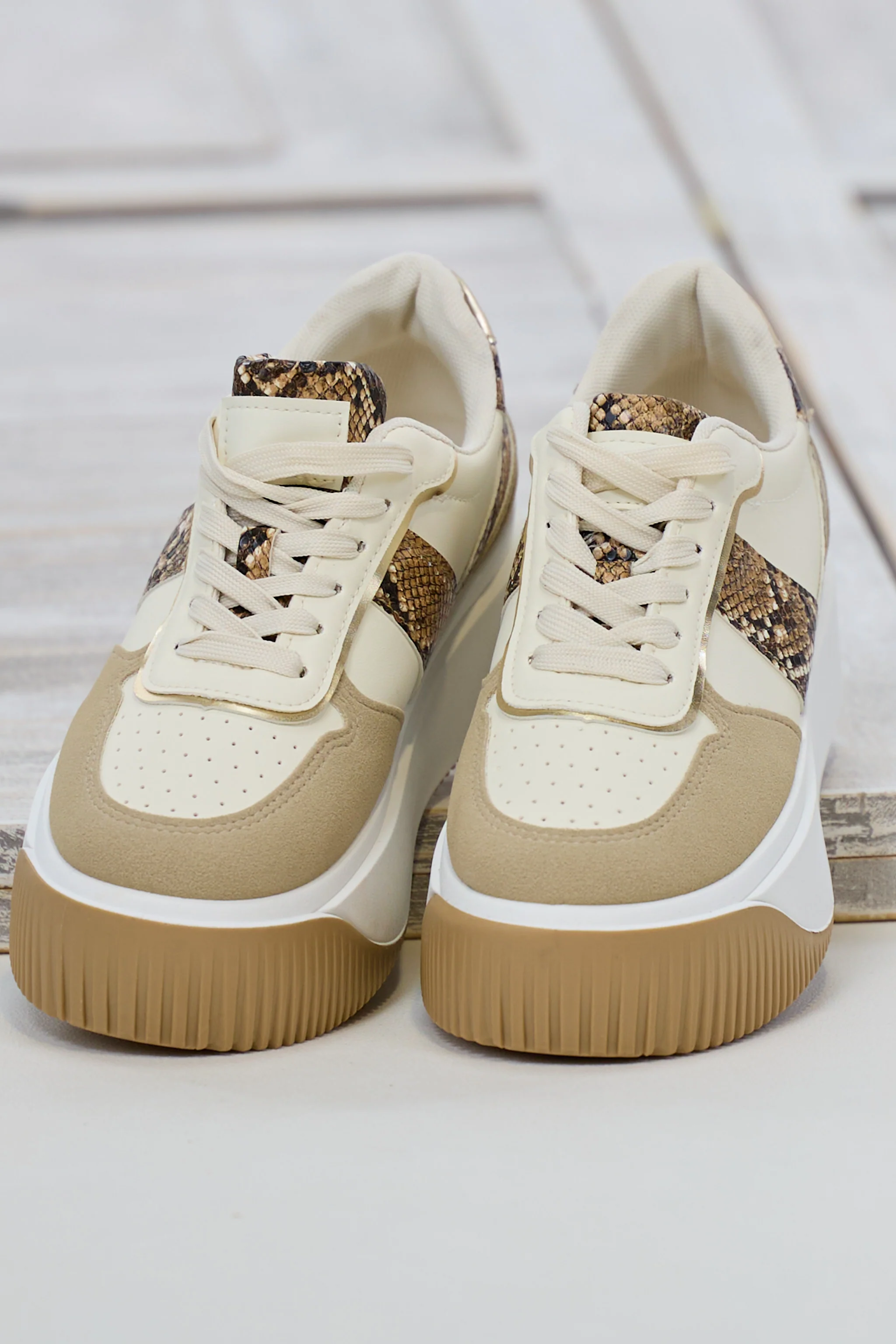 Sneaker mit Plateausohle, creme-taupe-snake