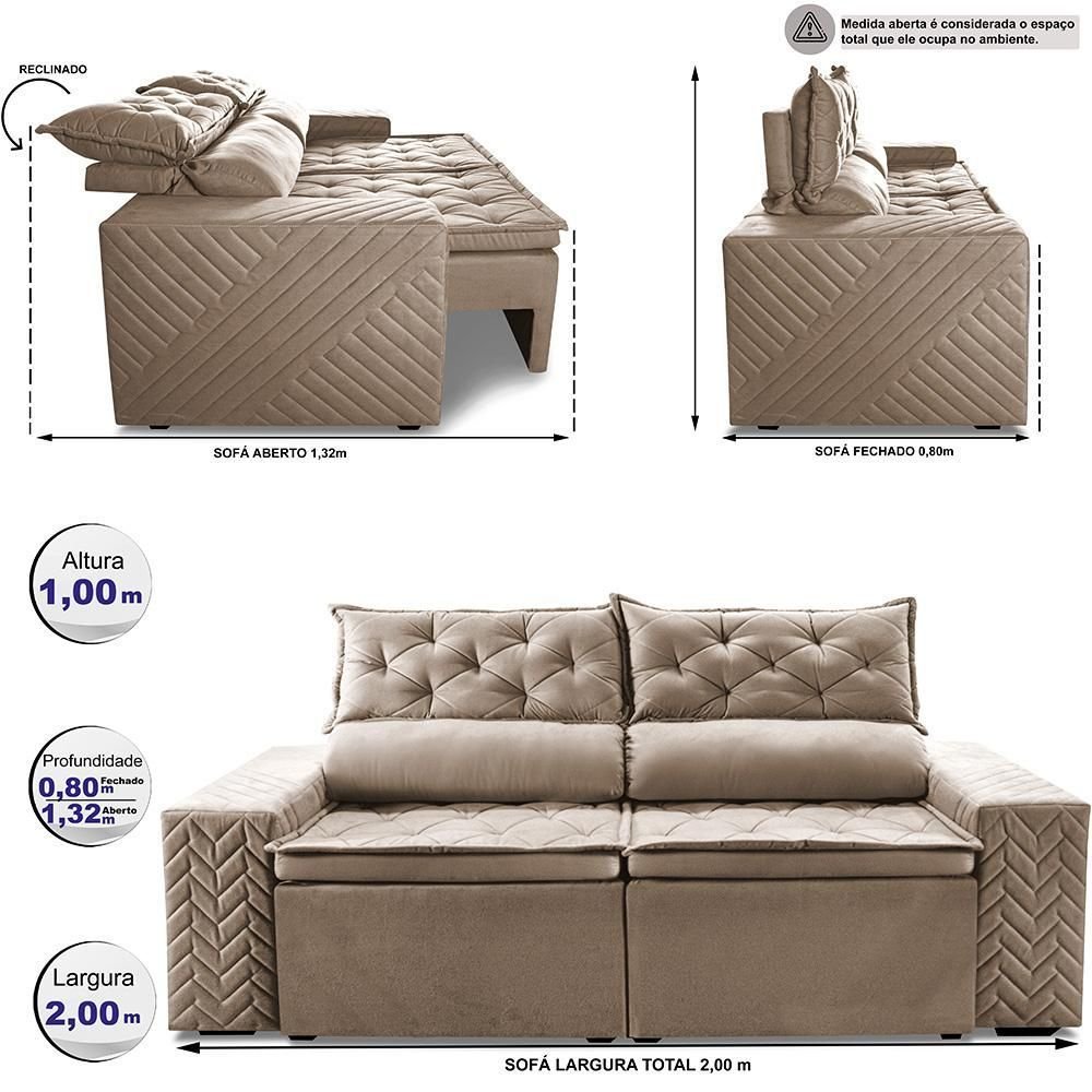 Sofá Retrátil e Reclinável 2,00m Essence Velusoft Bege Cama Inbox