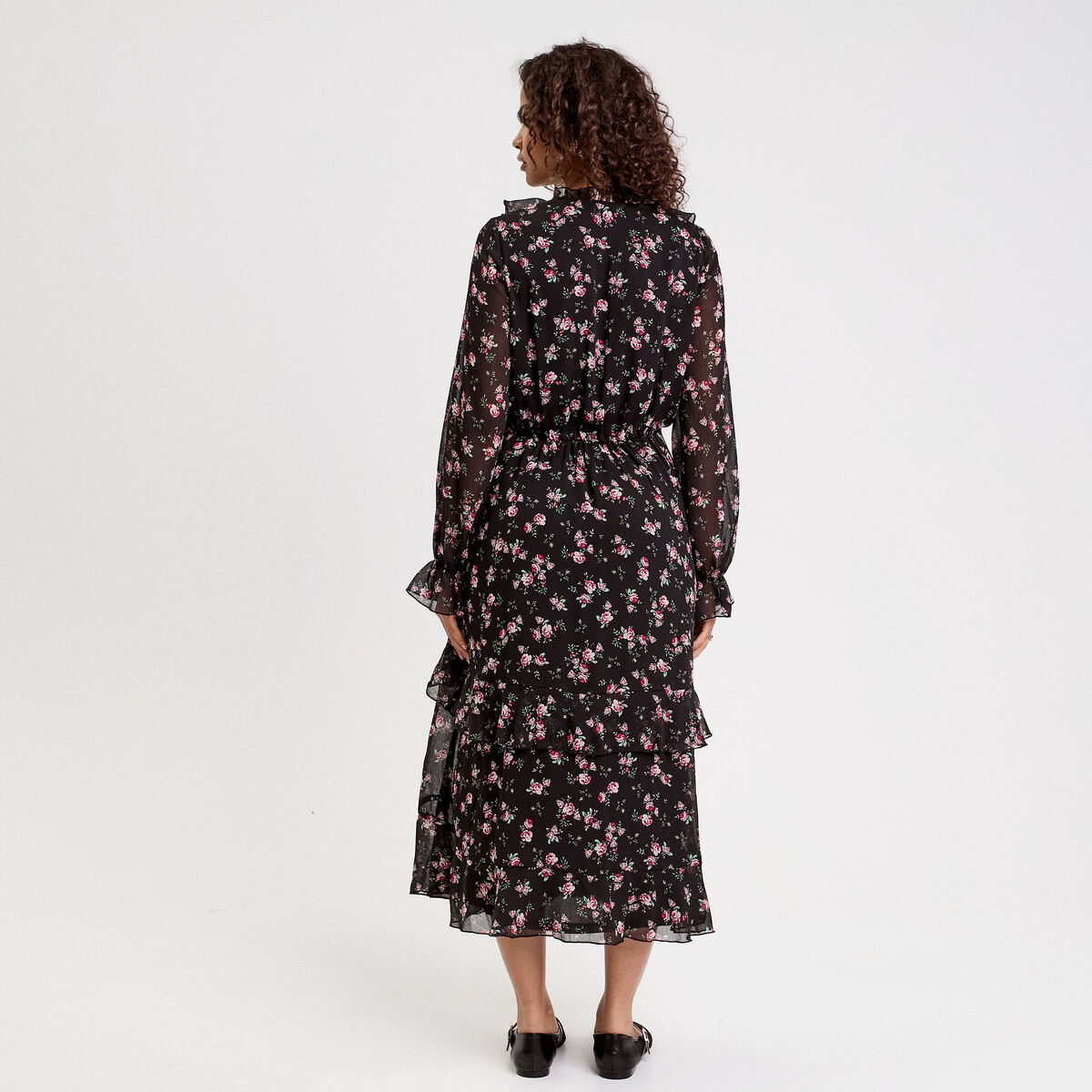 Robe longue évasée volants noir femme