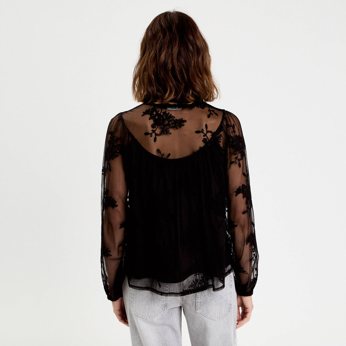 Blouse dentelle manches longues noir femme