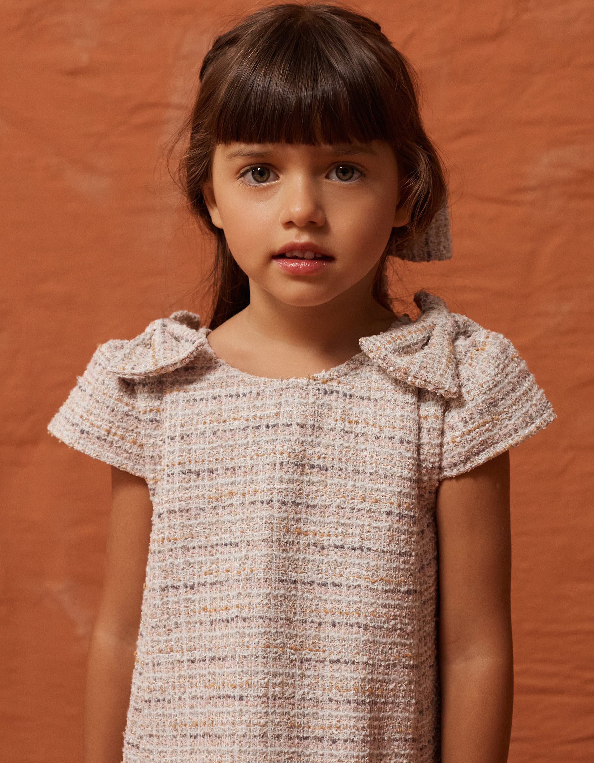 A-line tweed dress with decorative bows for girls, pink