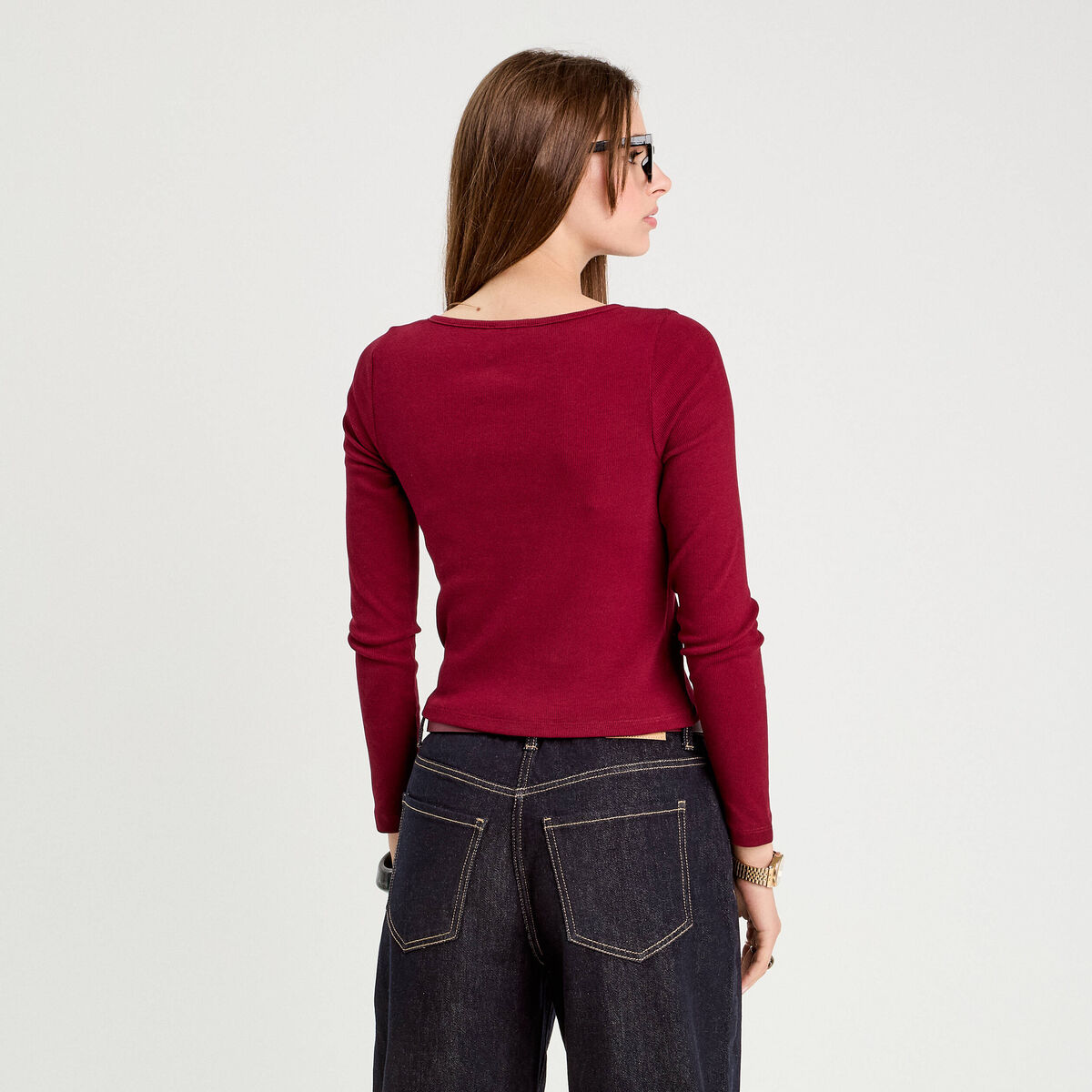 Gilet manches longues côtelé rouge foncé femme