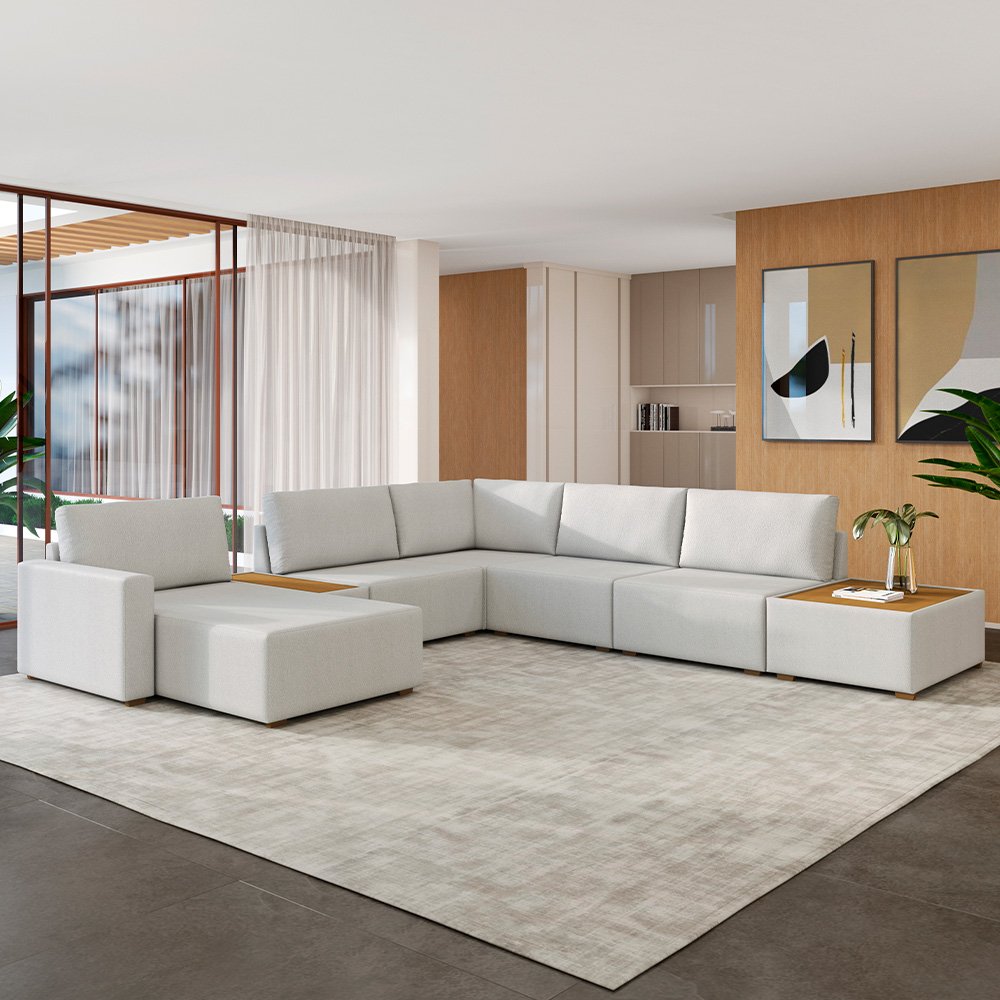 Sofá de Canto com Chaise e Mesa Lateral Sala de Estar Living 291cm Gales M03 Bouclê Cru - Lyam Decor