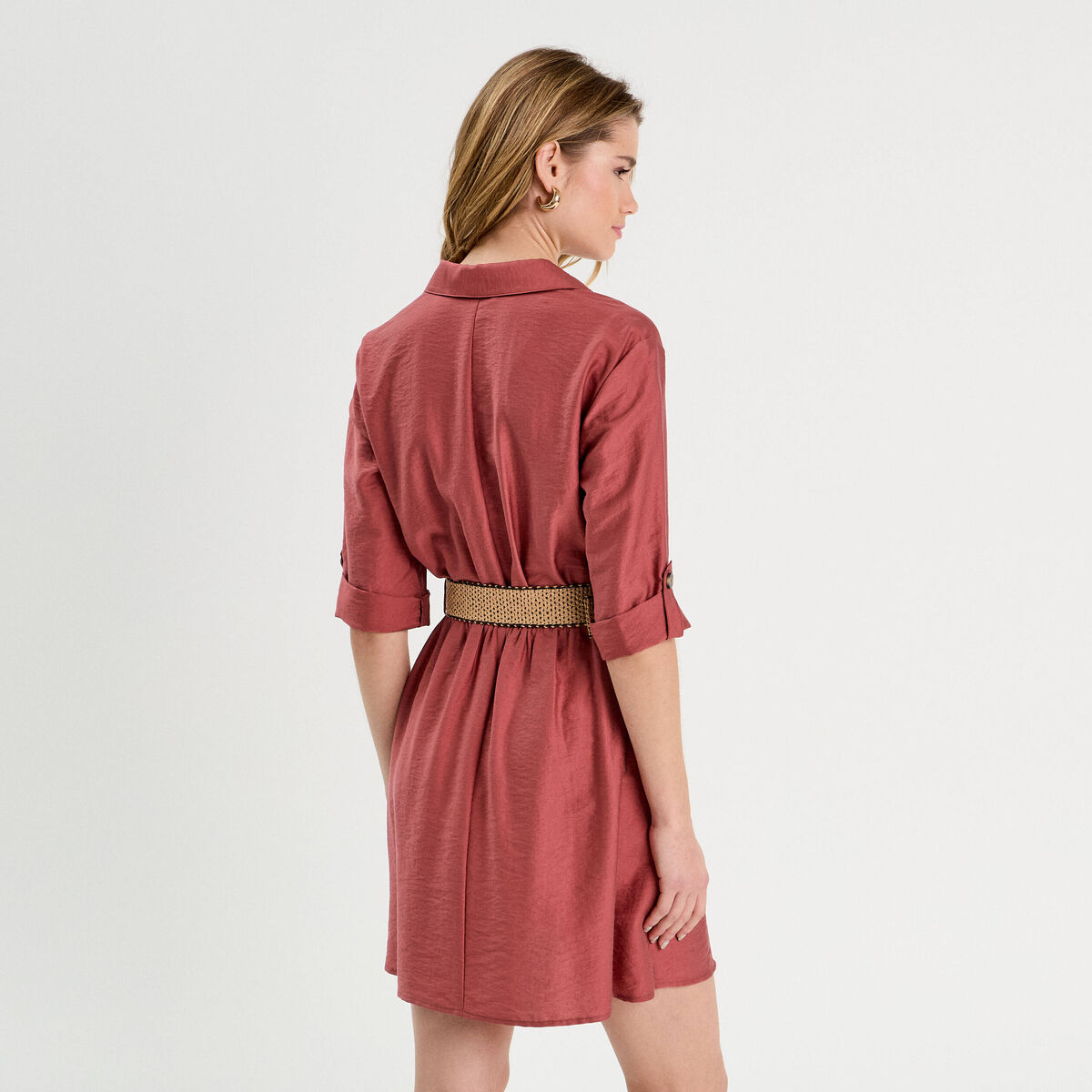 Robe chemise trapèze ceinturée vieux rose femme