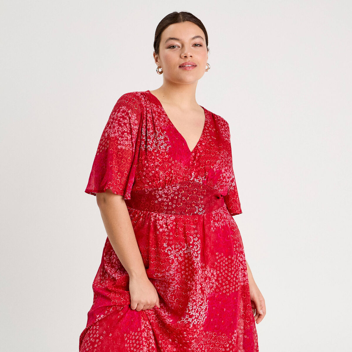 Robe longue évasée col en V rouge femme