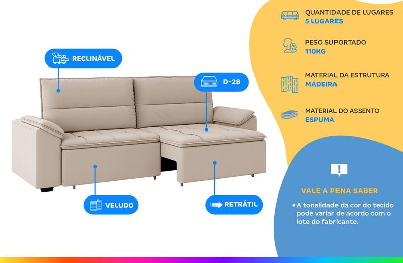 Sofá Retrátil Reclinável 5 Lugares Veludo Panamá Besthouse