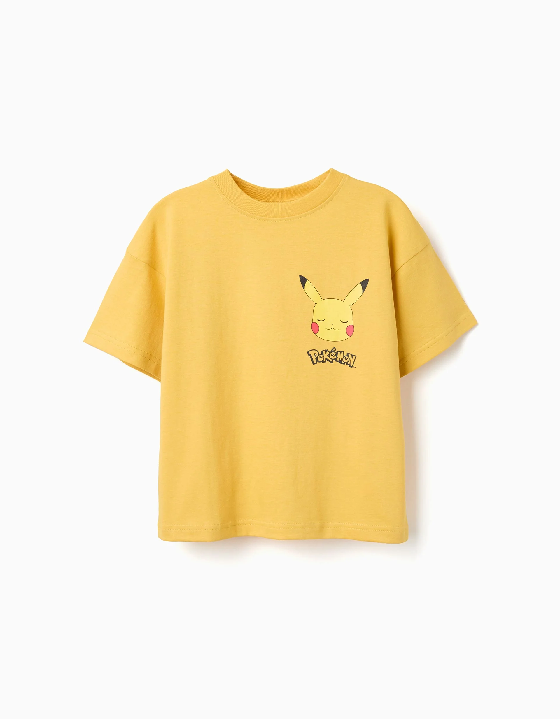 Cotton T-shirt with Pikachu front and back prints for boys, yellow