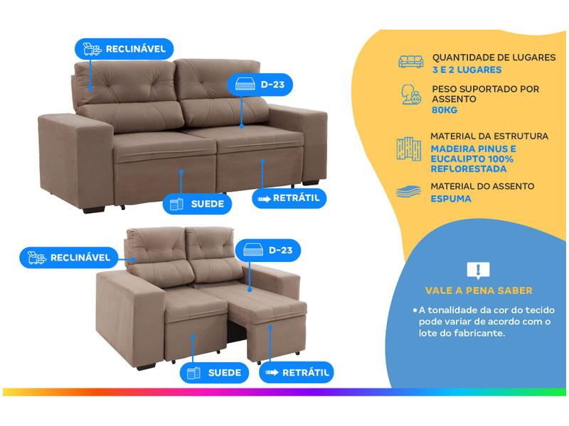 Conjunto de Sofás 2 e 3 Lugares Retrátil e