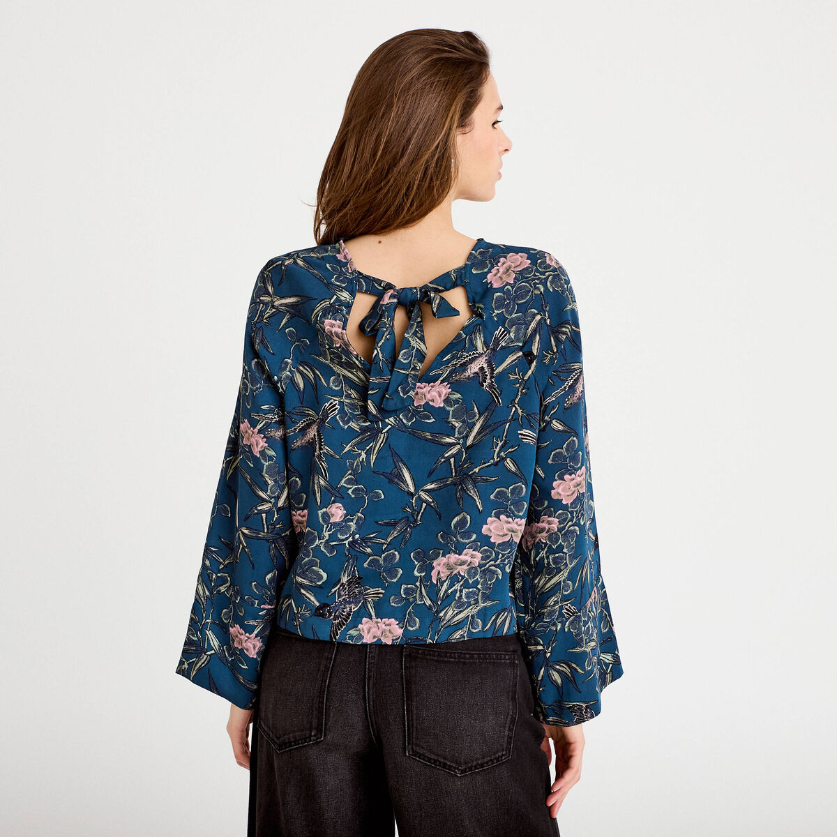 Blouse manches longues encolure bateau bleu pétrole femme