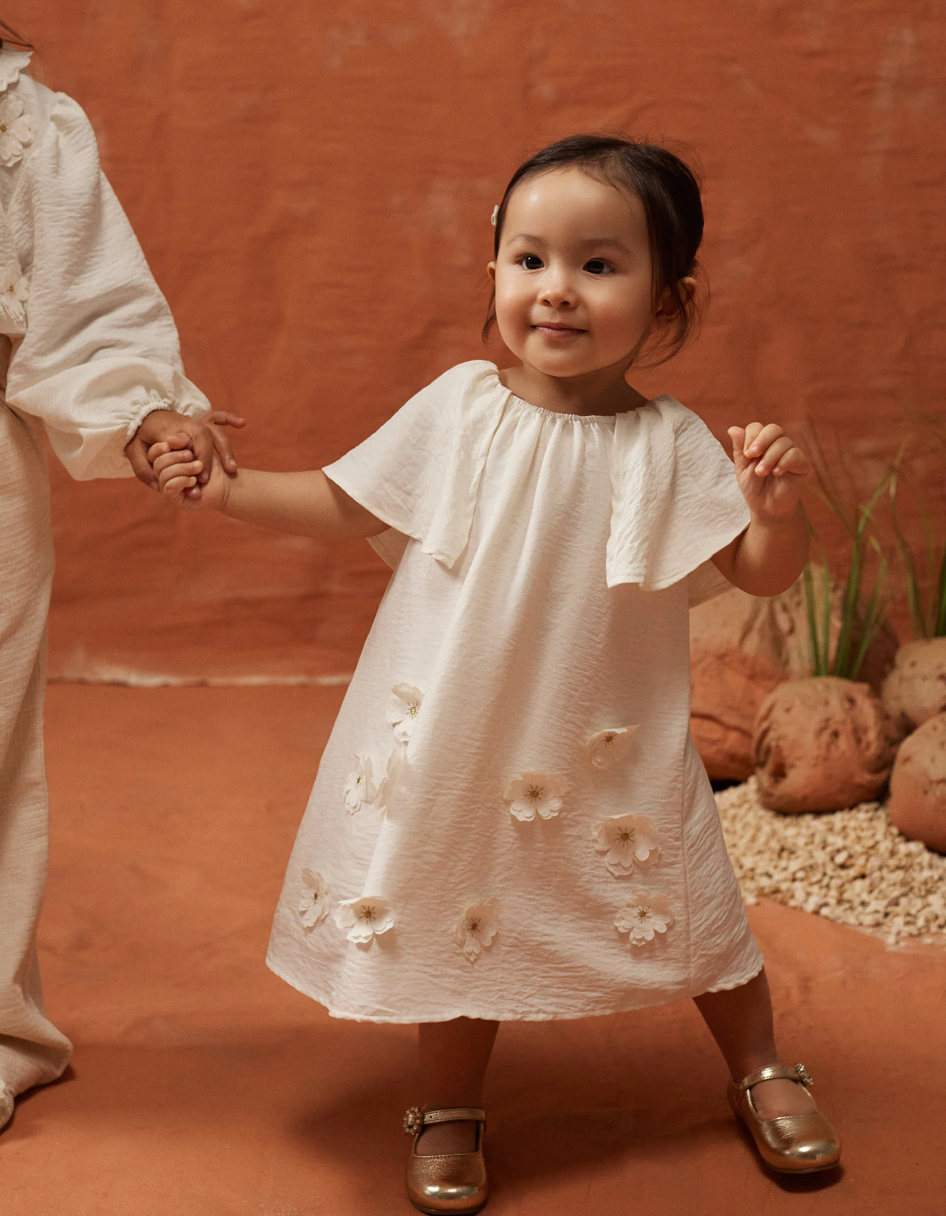 Dress with floral appliqué for newborn and baby girls, beige