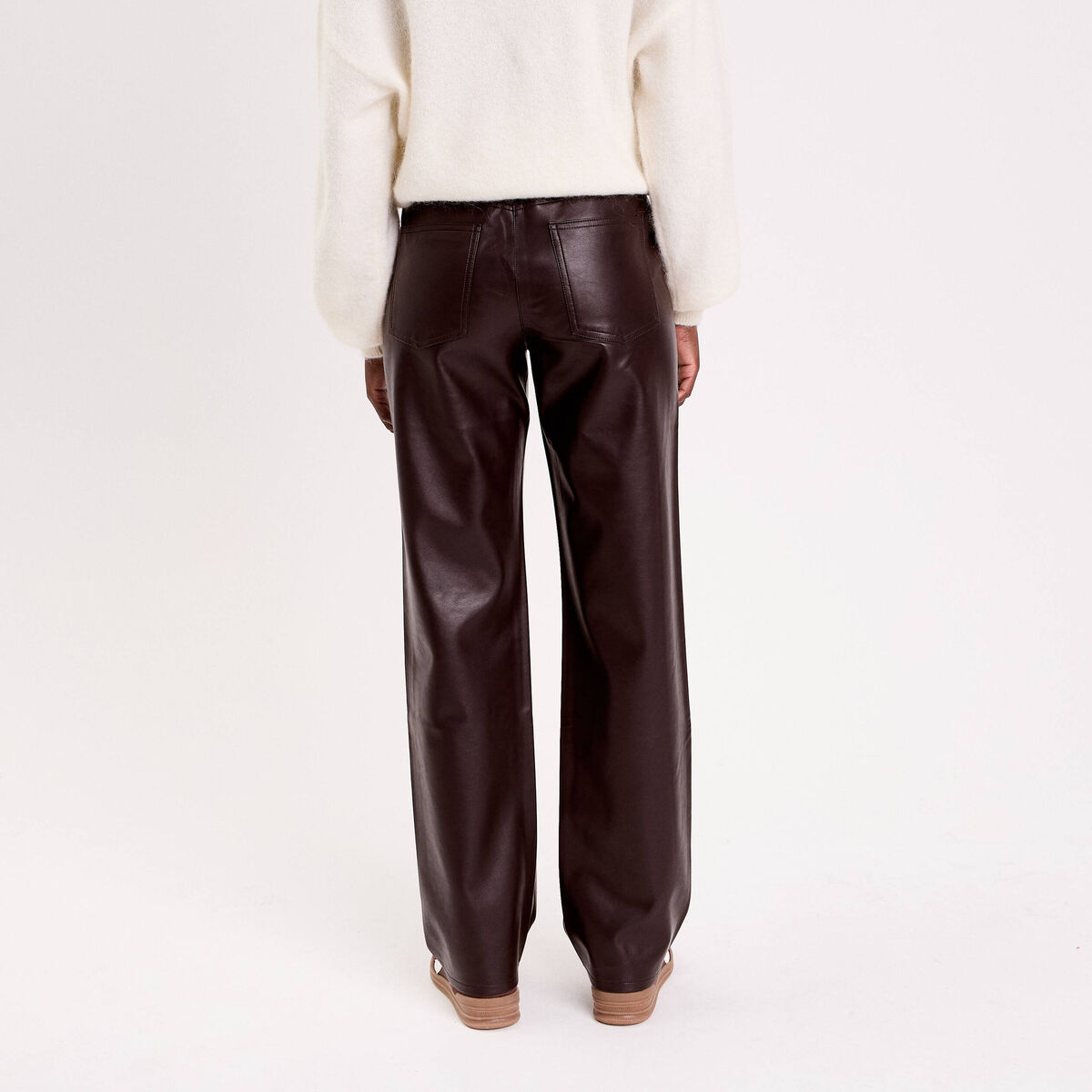 Pantalon large similicuir marron foncé femme