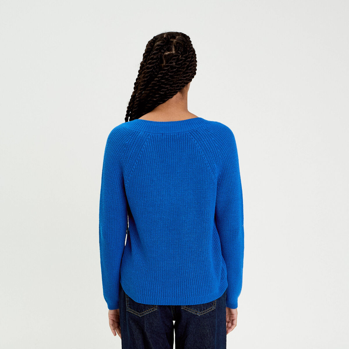 Pull col v manches longues bleu electrique femme