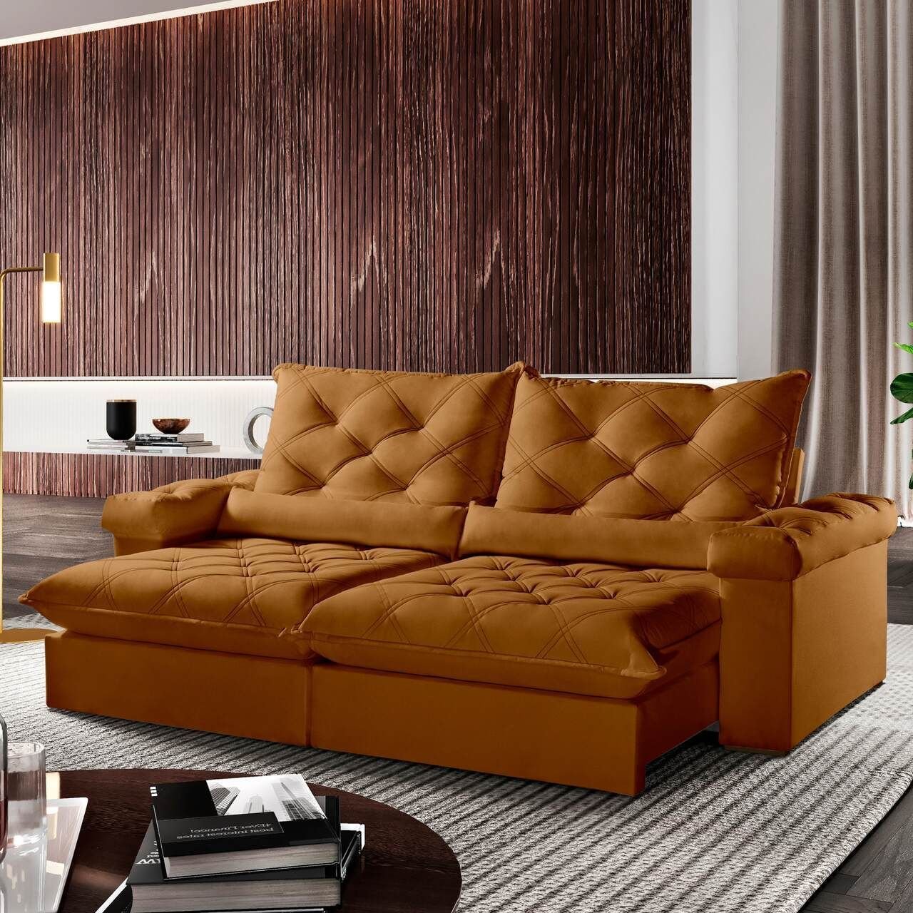 Sofá Retrátil e Reclinável 2,80m 4 Lugares Pillow com 18cm Fibra Siliconada Veneza - Movenzo Estofad