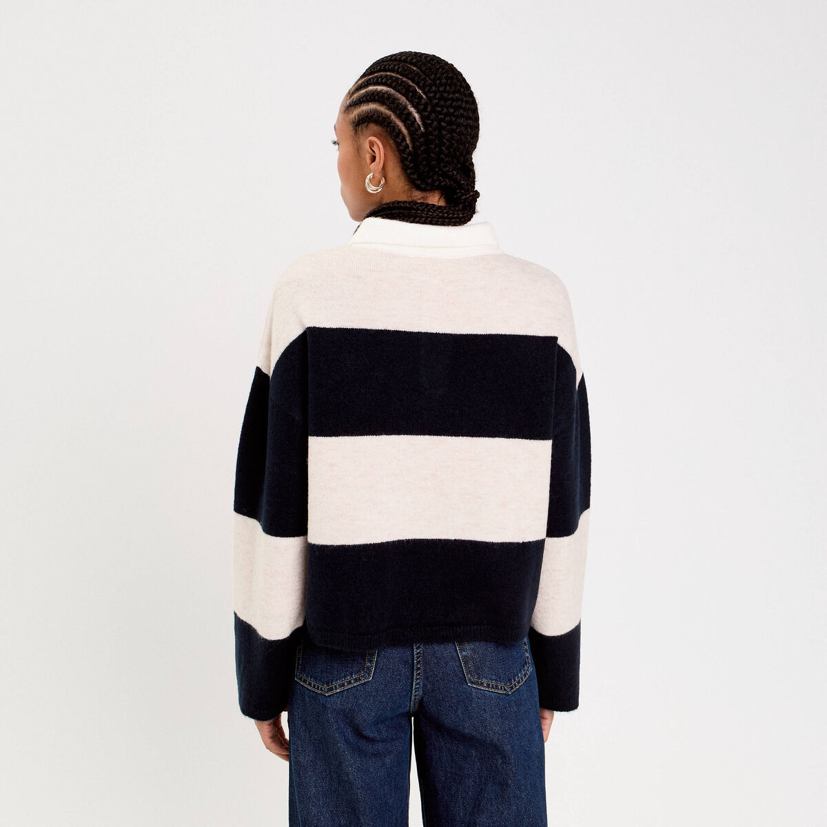 Polo manches longues col chemise bleu marine femme