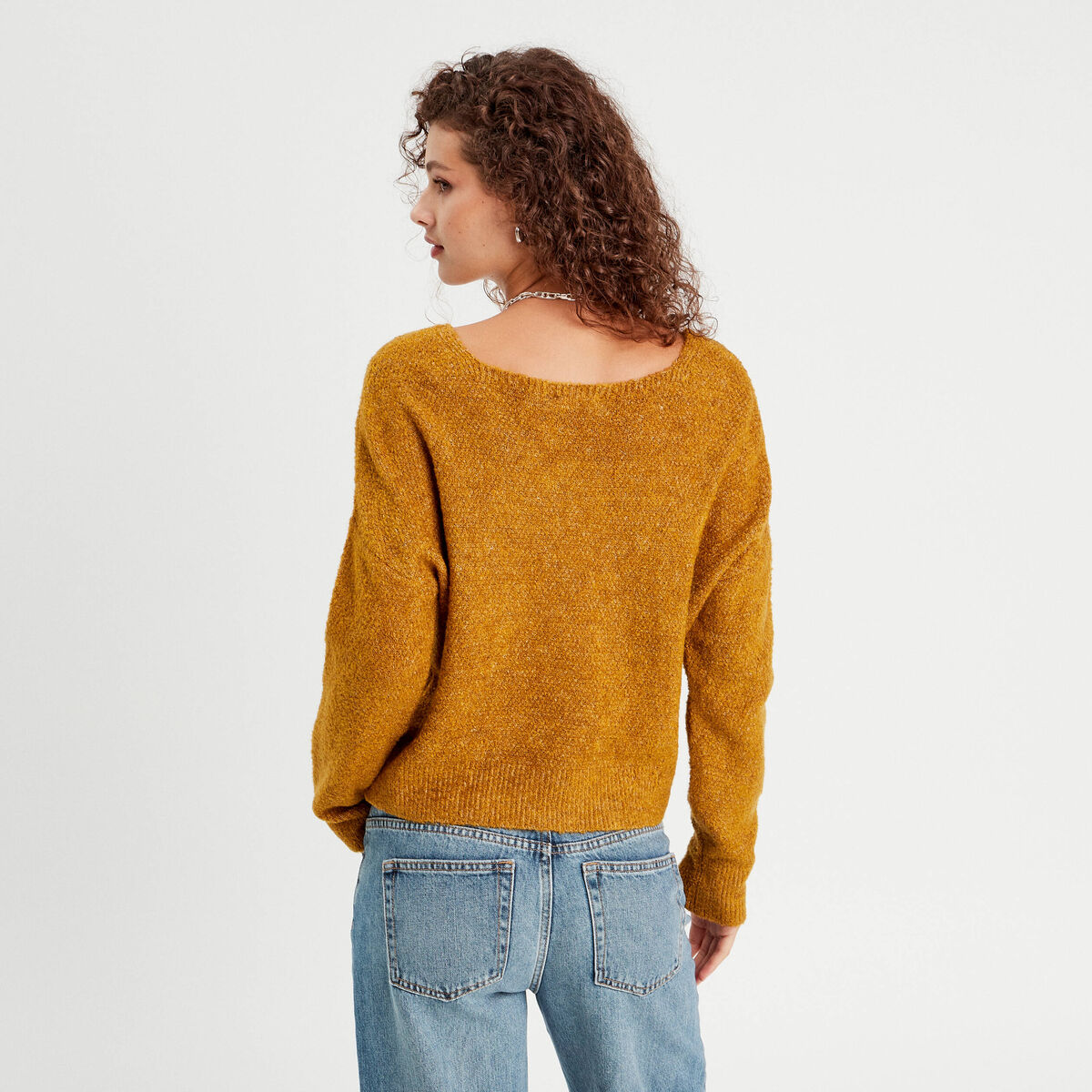 Pull manches longues col en V camel femme