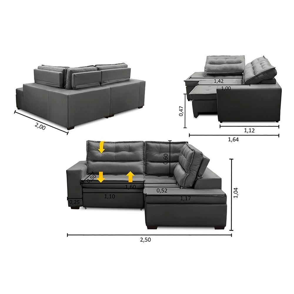 Sofá de Canto Retrátil e Reclinável com Molas LD 2,50x2,00m Viviane Suede Cinza Madelina Decor