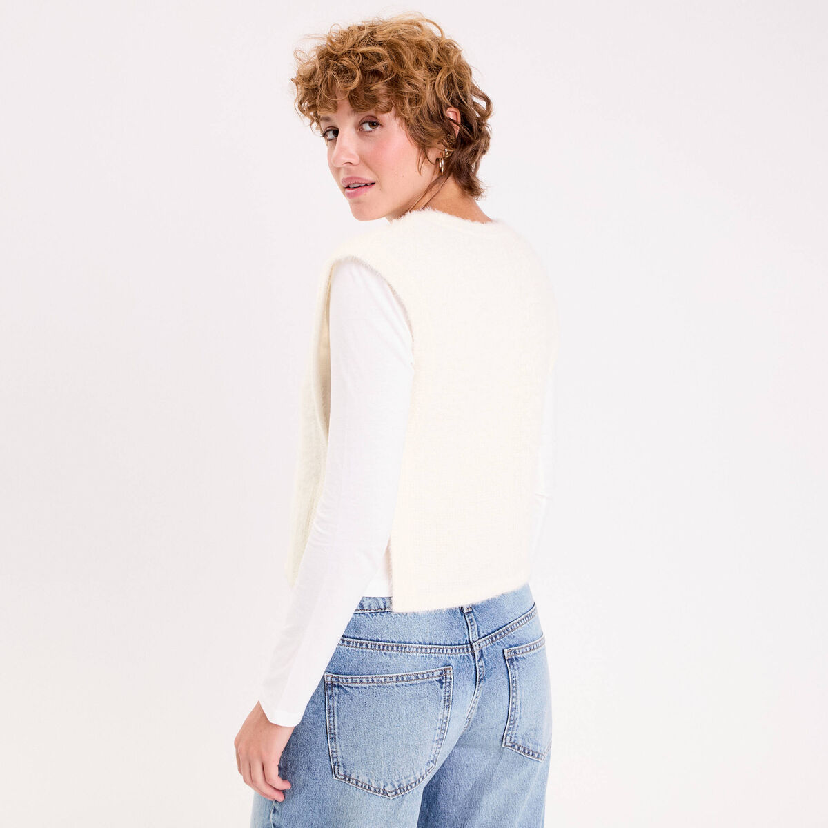 T-shirt pull sans manches 2-en-1 ecru femme