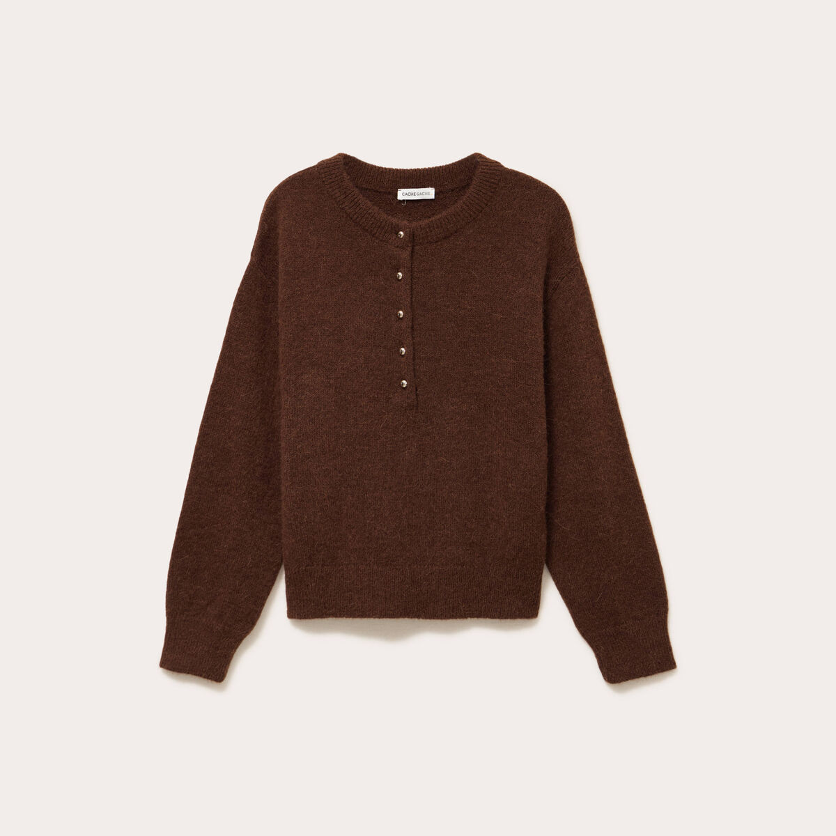 Pull col rond boutonné marron femme