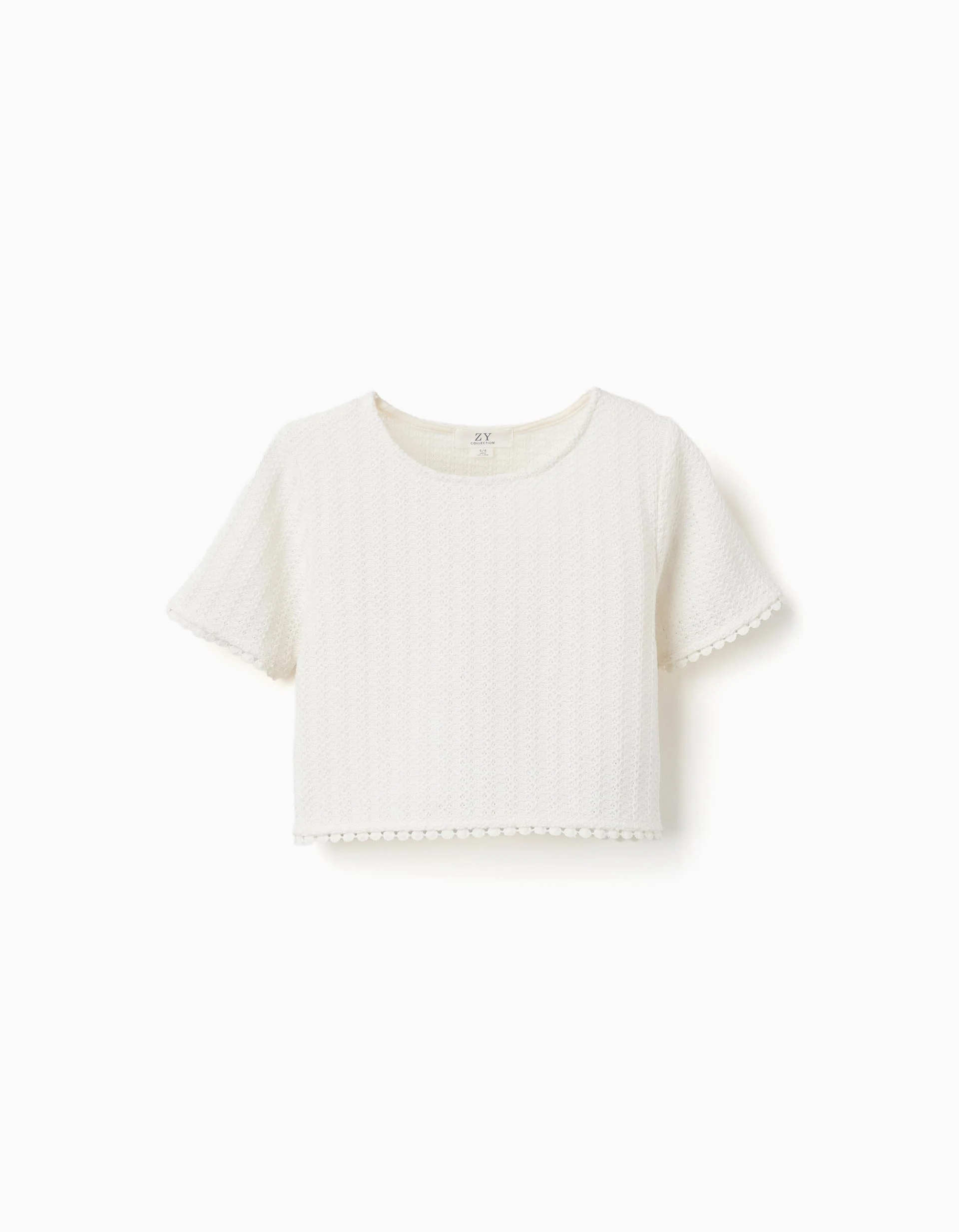 Knitted T-shirt with crochet lace trim for girls, white
