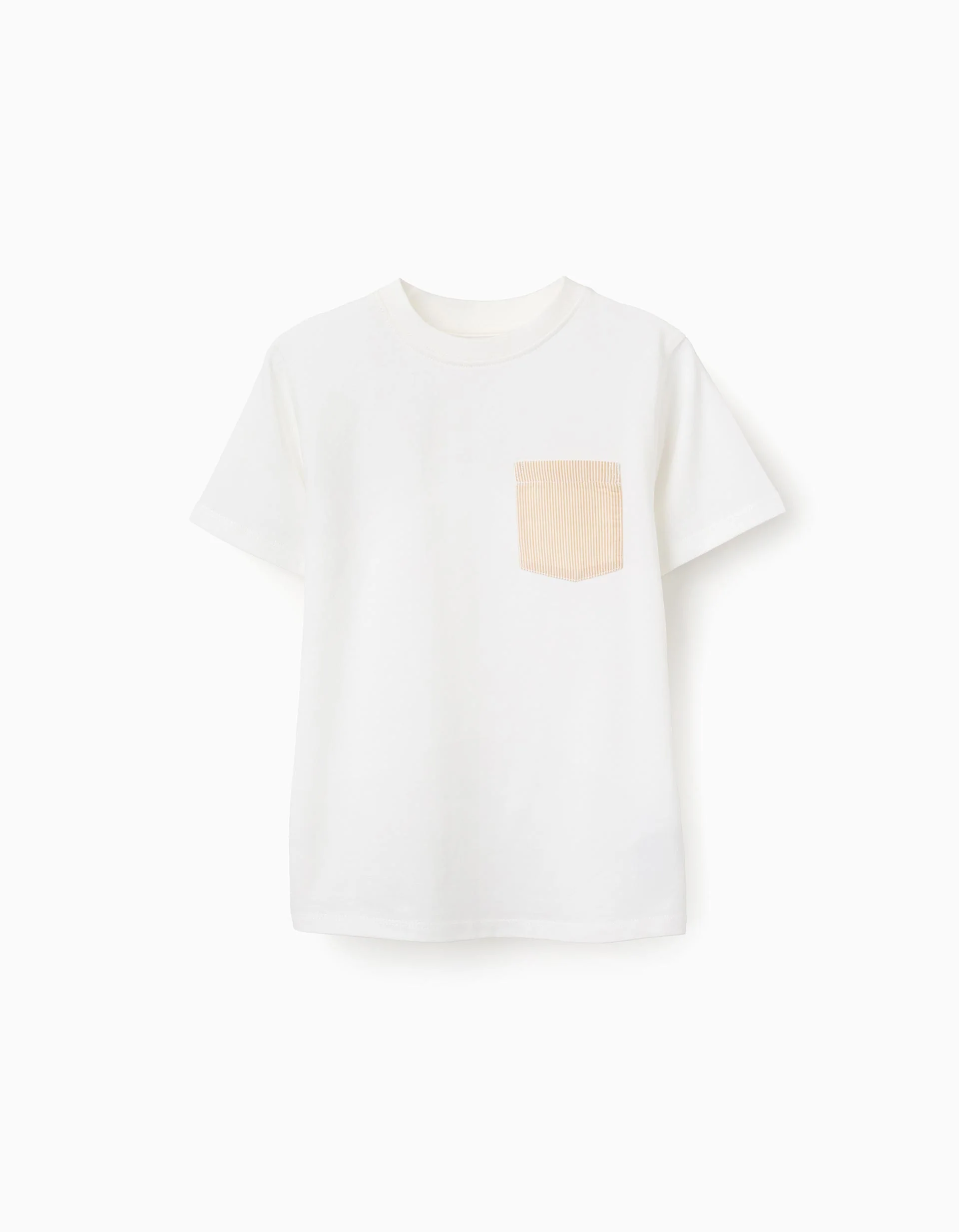 Cotton T-shirt with striped chest pocket for boys, white/yellow