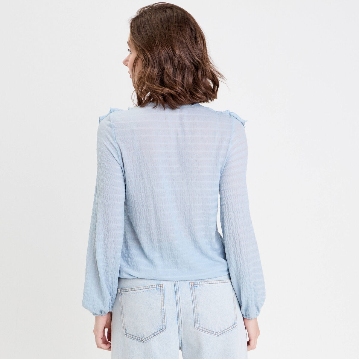 Blouse manches longues aspect dentelle bleu clair femme