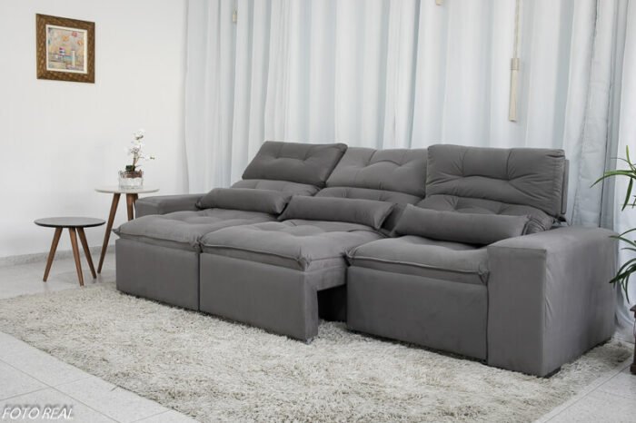 Sofá Retrátil e Reclinável com 2,50m de Largura em Tecido Suede:cinza