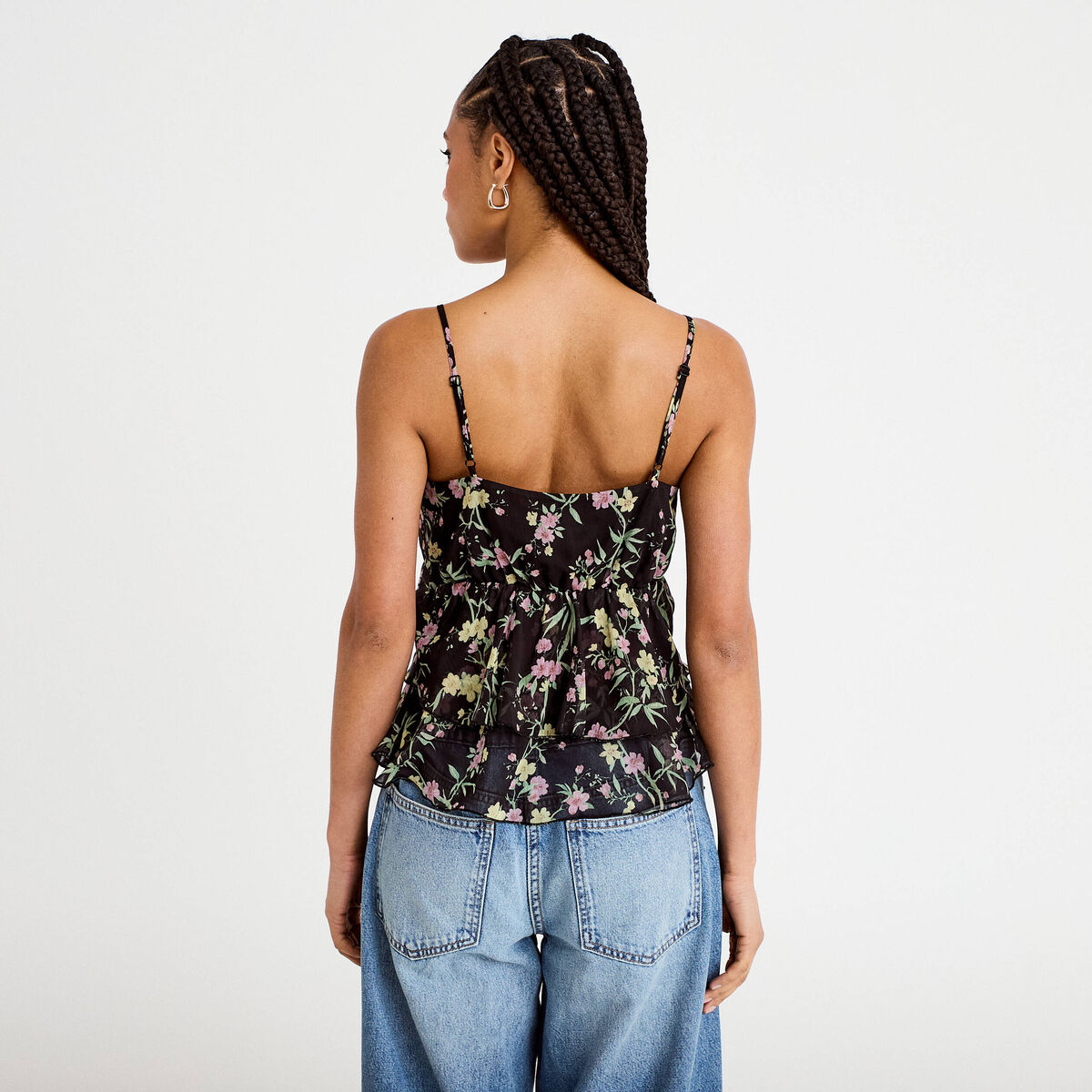 Top fines bretelles voile col v noir femme