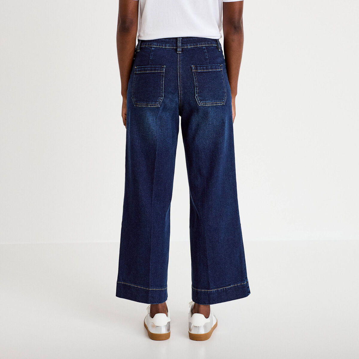 Jean wide leg cropped taille haute denim blue black femme