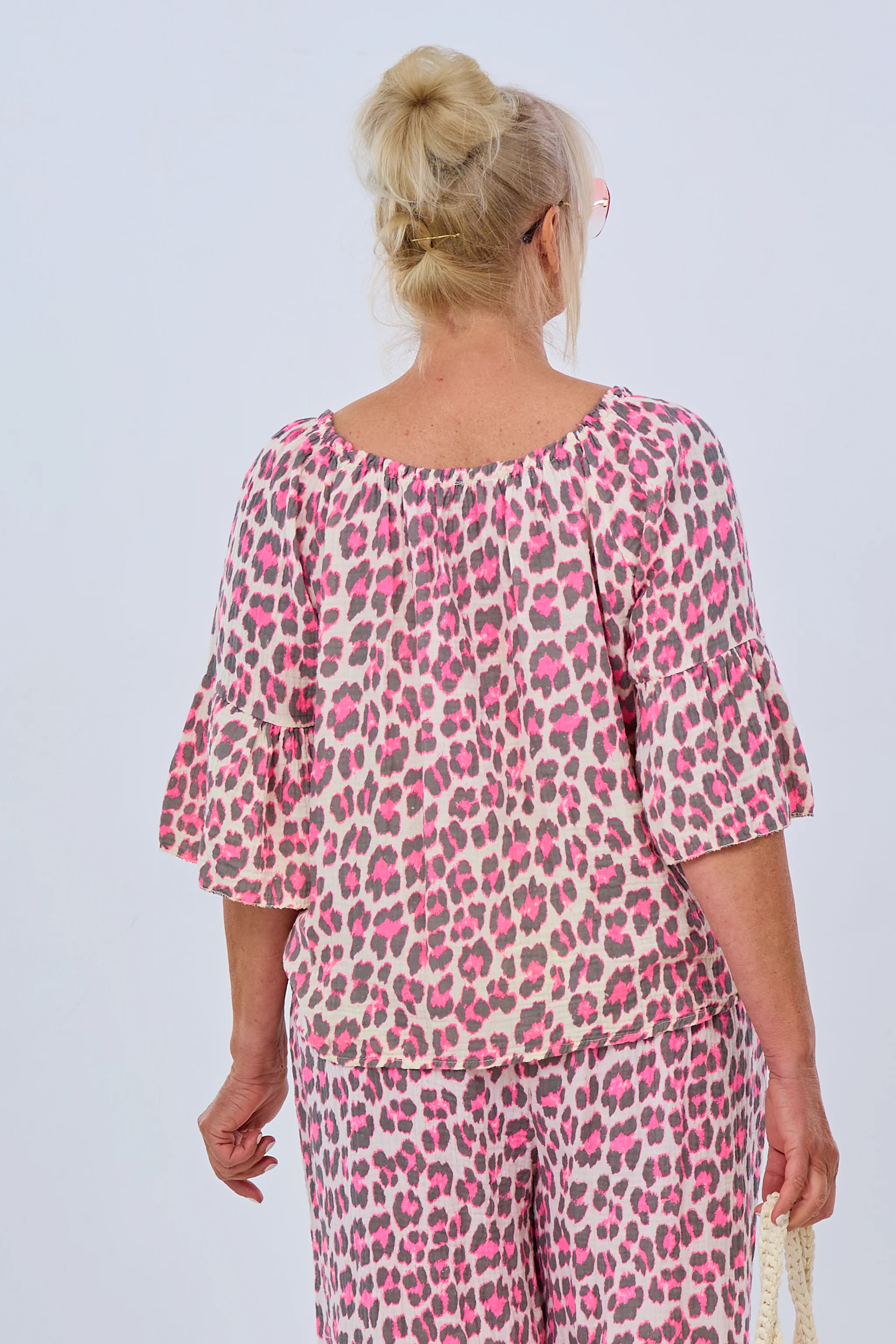 Musselin Bluse mit Carmen-Ausschnitt, schlamm-pink-ecru