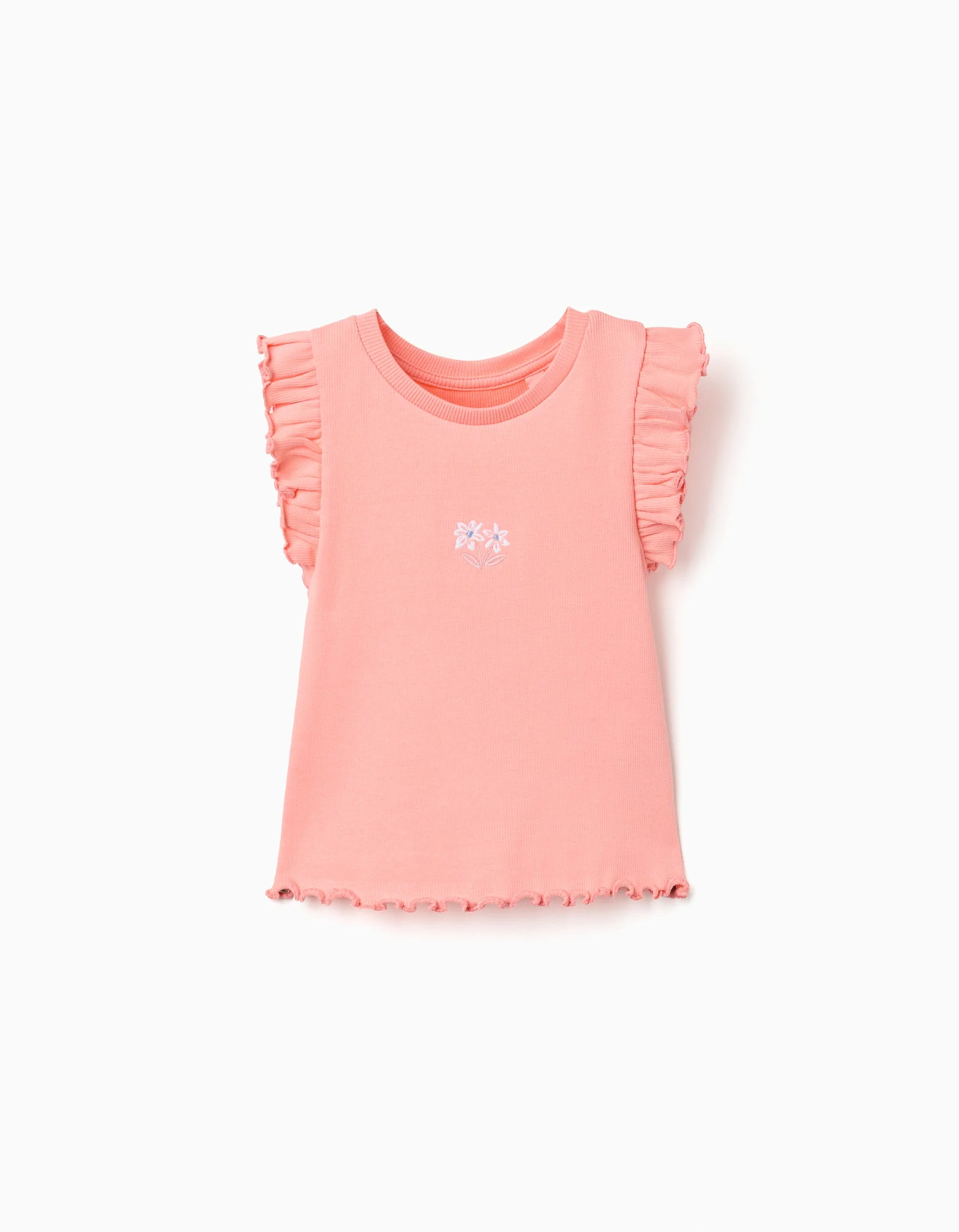 Ribbed cotton T-shirt with ruffles and flowers for girls, salmon orange