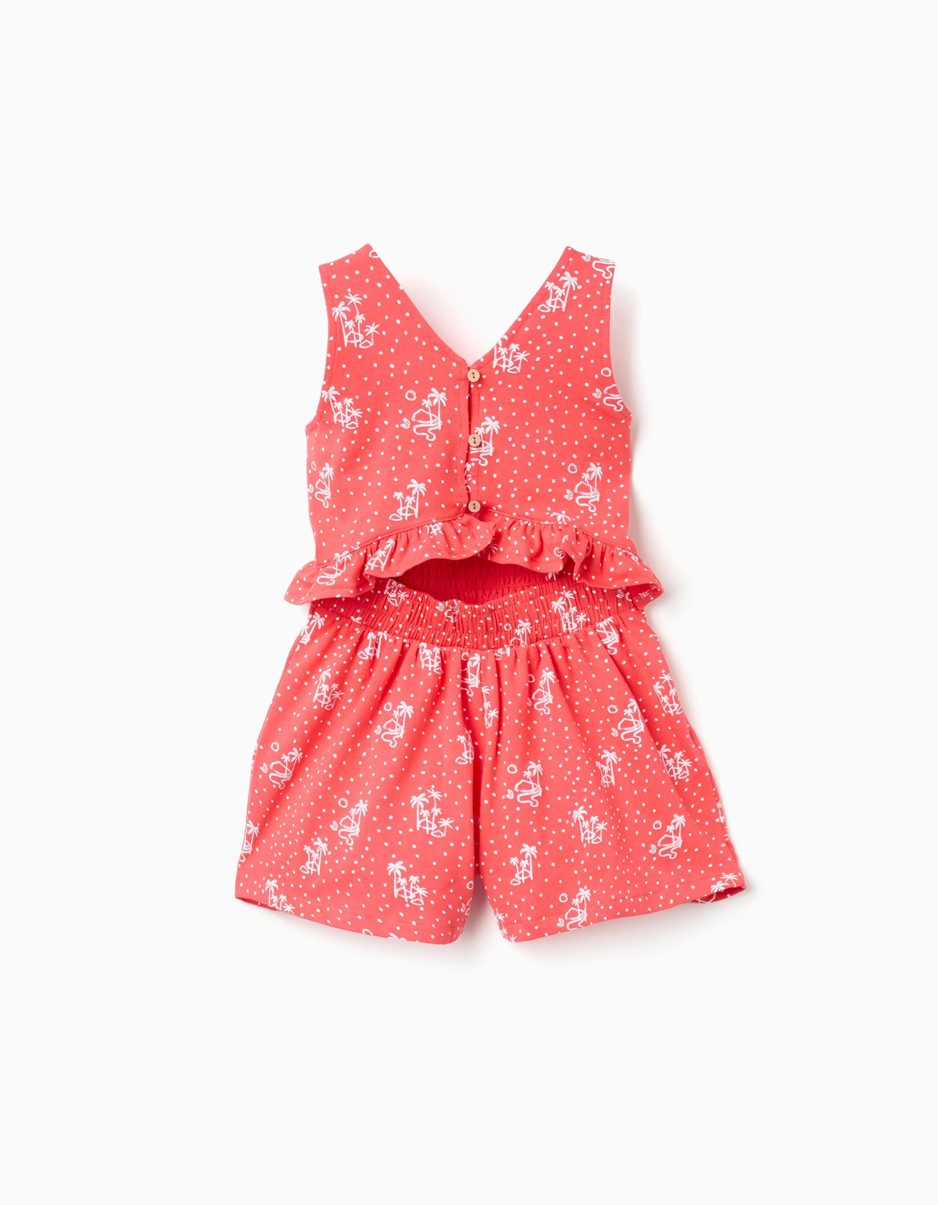 Sleeveless playsuit with print and ruffles for girls, coral