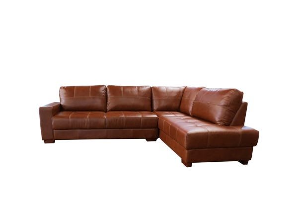 Sofá de Couro Canto Marrocos 3 Lugares com Chaise Direita - Conhaque com Brilho