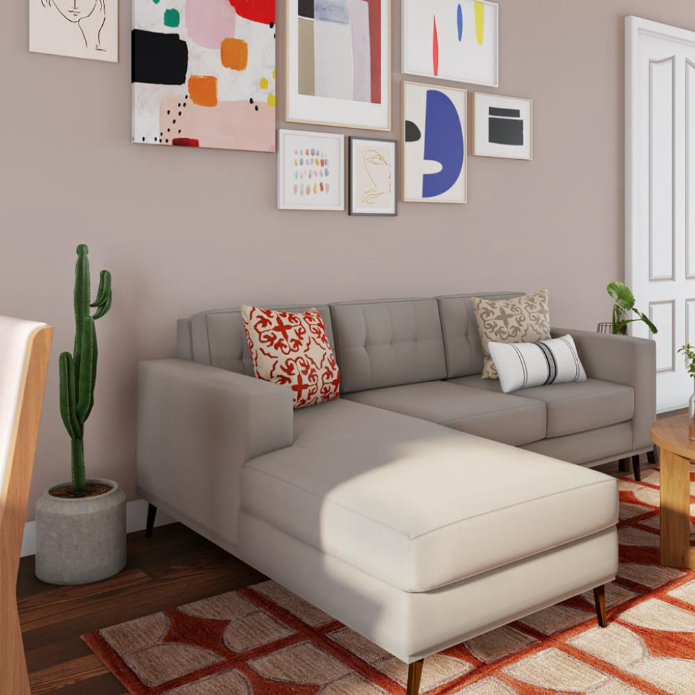 Sofá 3 Lugares Live com Chaise Esquerdo Pé Palito Linho Cotton Cru