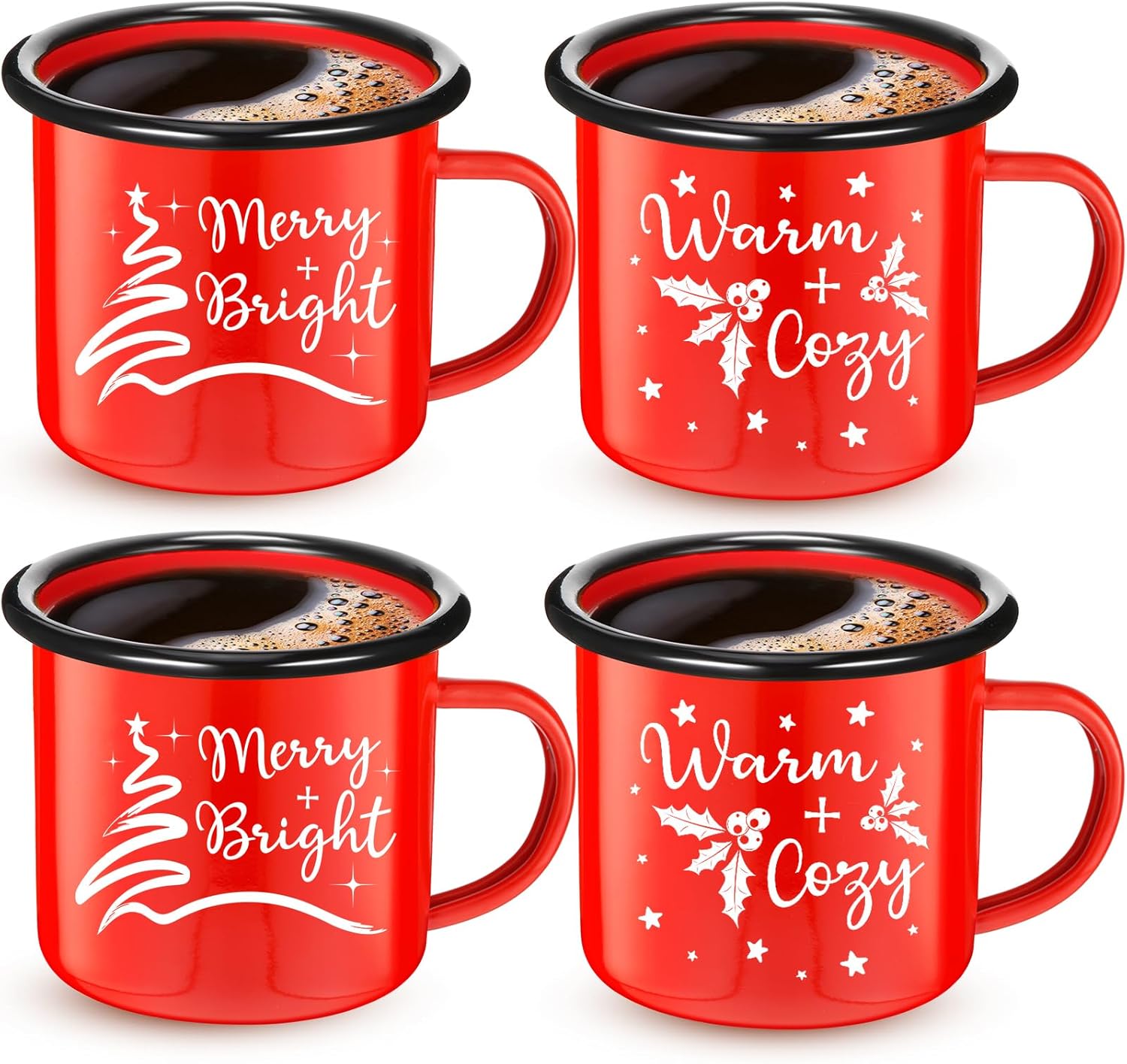 4 Pack Christmas Gifts Enamel Mugs Warm and Cozy Enamel Tea Cups Merry and Bright Coffee Mugs Seasonal Holiday Cup for Women Coworkers  12 Ounce Vintage Camping Cups(Bright Style)