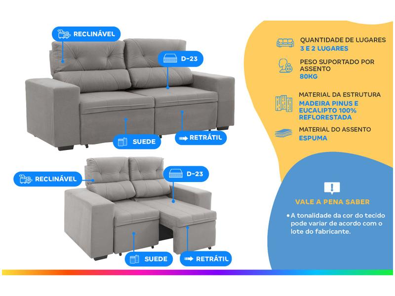 Conjunto de Sofás 2 e 3 Lugares Retrátil e