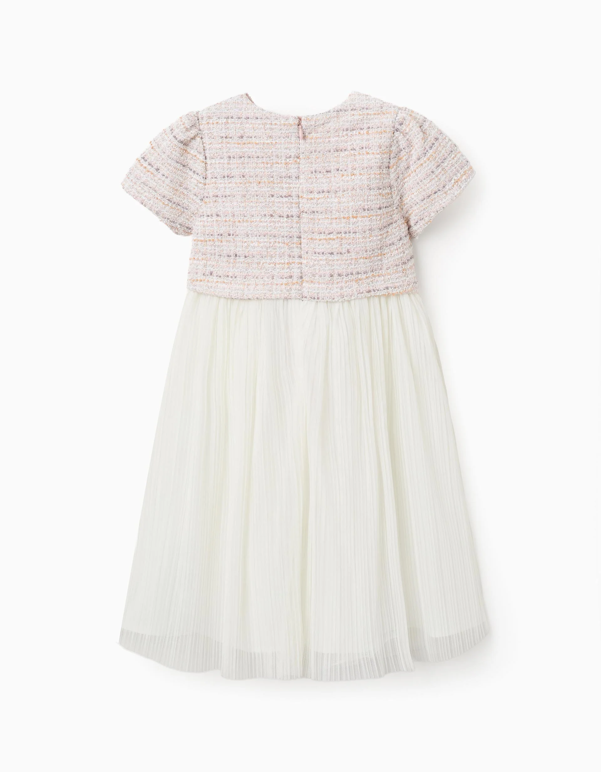 Dual-fabric short sleeve dress in tweed and mesh for girls, pink
