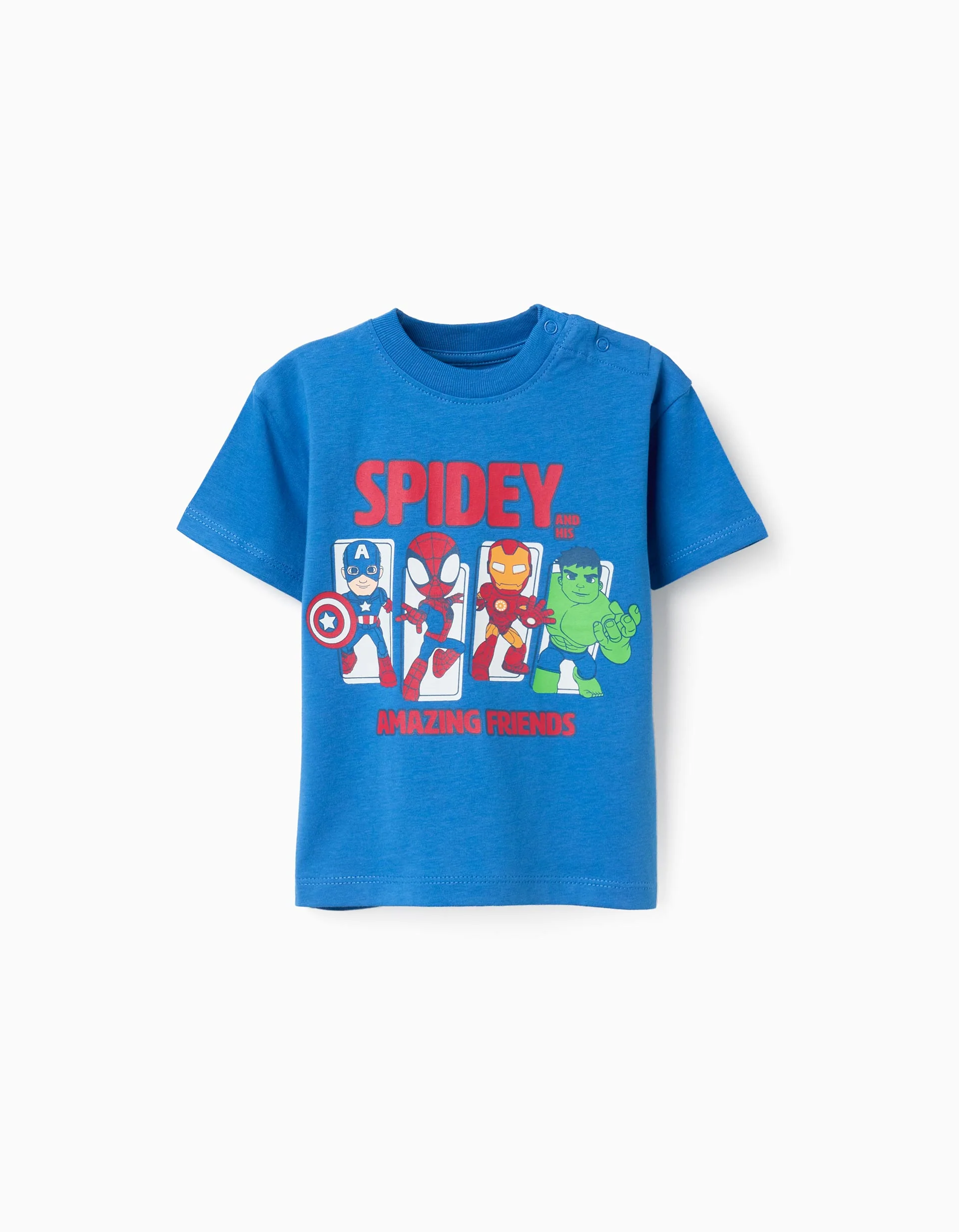 Cotton T-shirt with Spidey & Friends print for babies and boys, blue