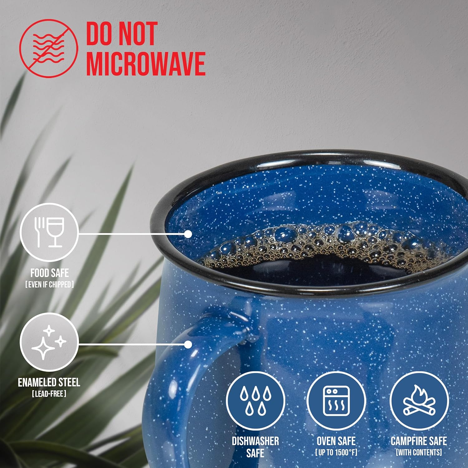 Set of 4 Enamelware Metal 12 Oz Round Camping Coffee Mugs with Handle  White-Speckled Blue/Black Rim