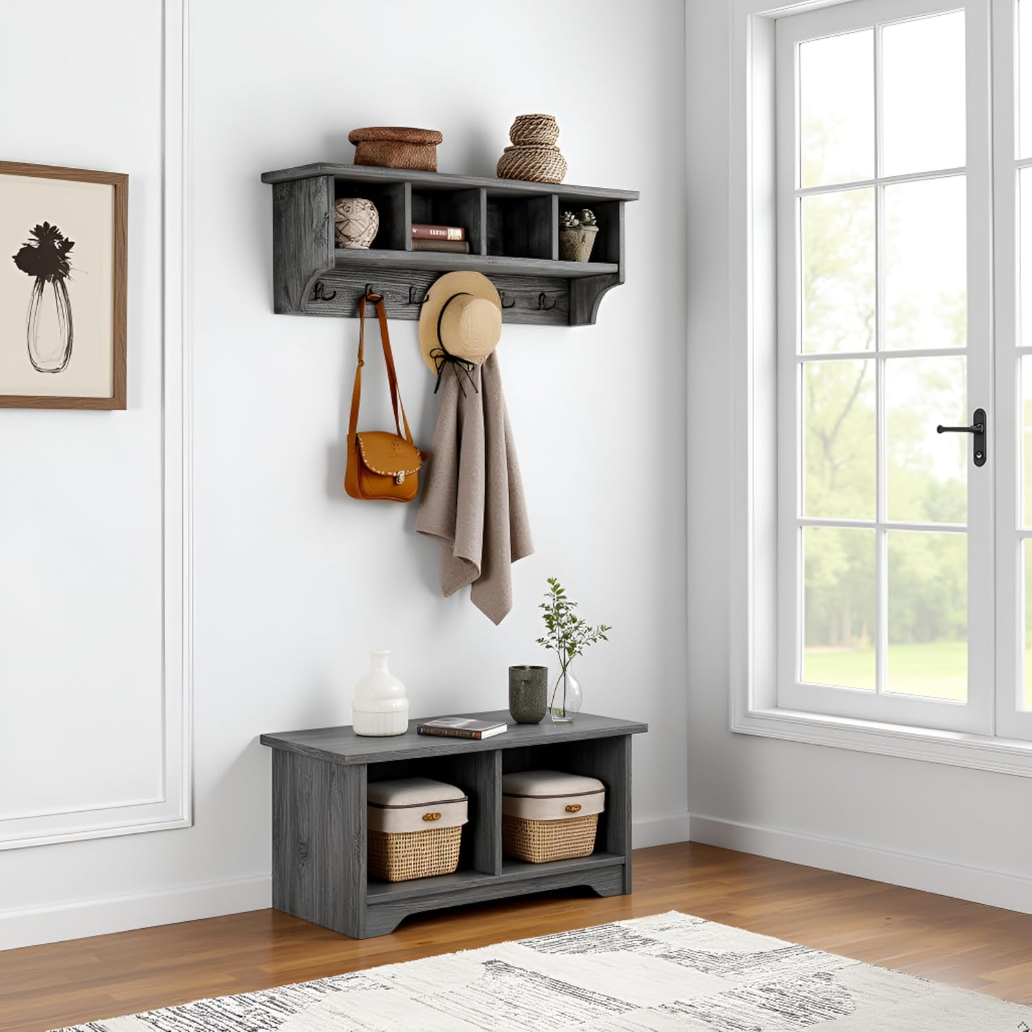 Pomona 48-Inch Wall-Mounted Coat Rack – Solid Wood & Metal Modern Entryway Organizer with 6 Heavy-Duty Hooks and 4 Open Cubbies for Mudroom, Hallway, Apartment, or Office Storage by Alaterre Furniture