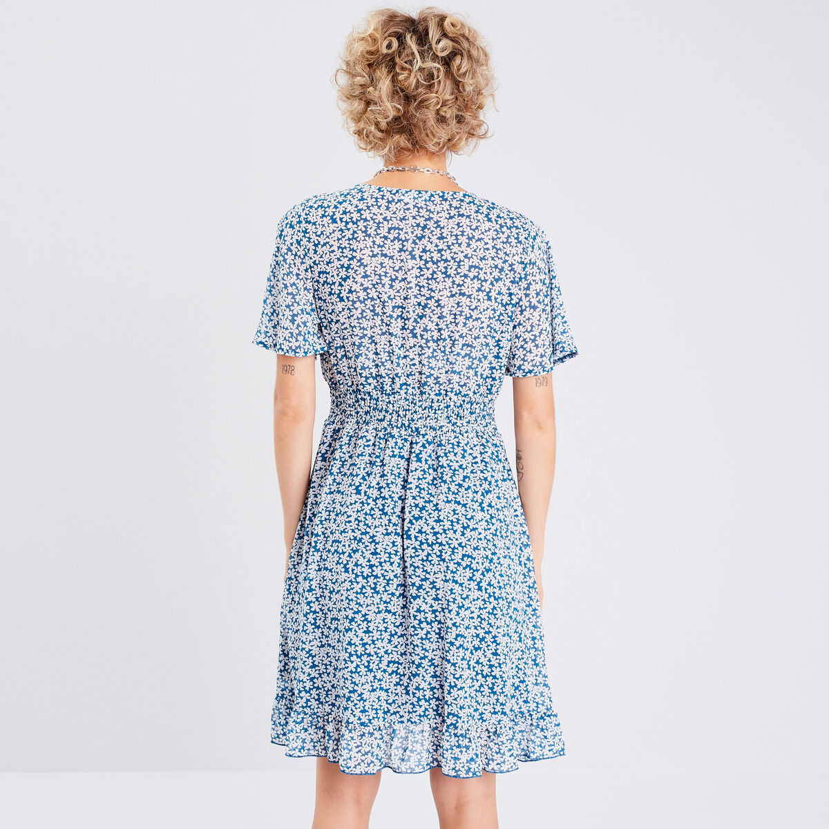 Robe évasée manches courtes bleu marine femme