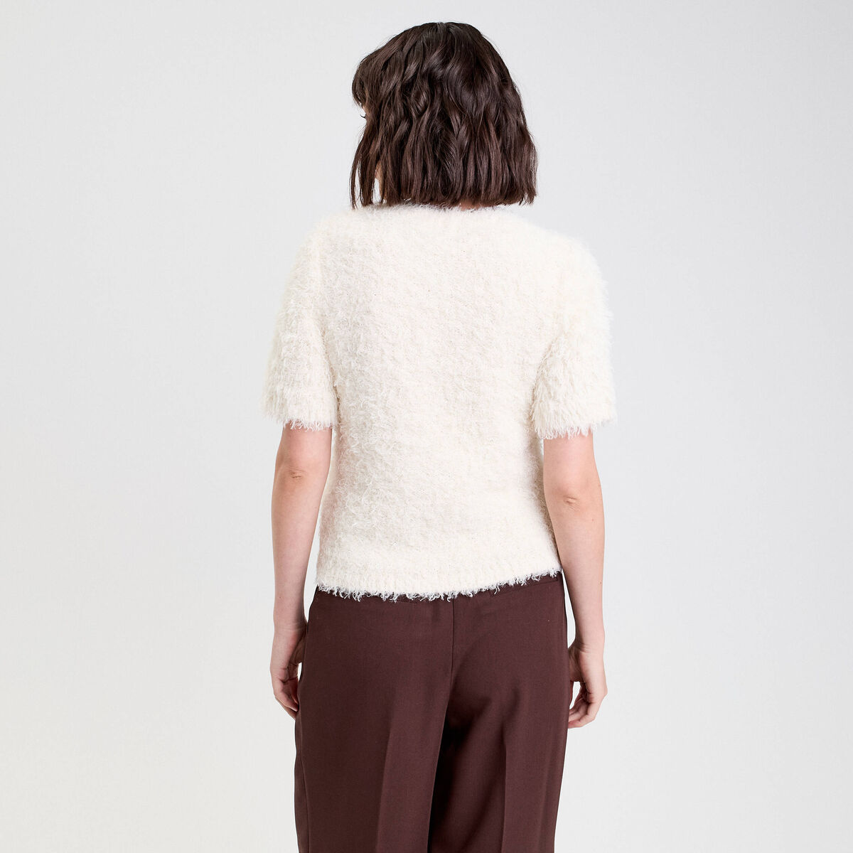 Pull manches courtes fausse fourrure sable femme