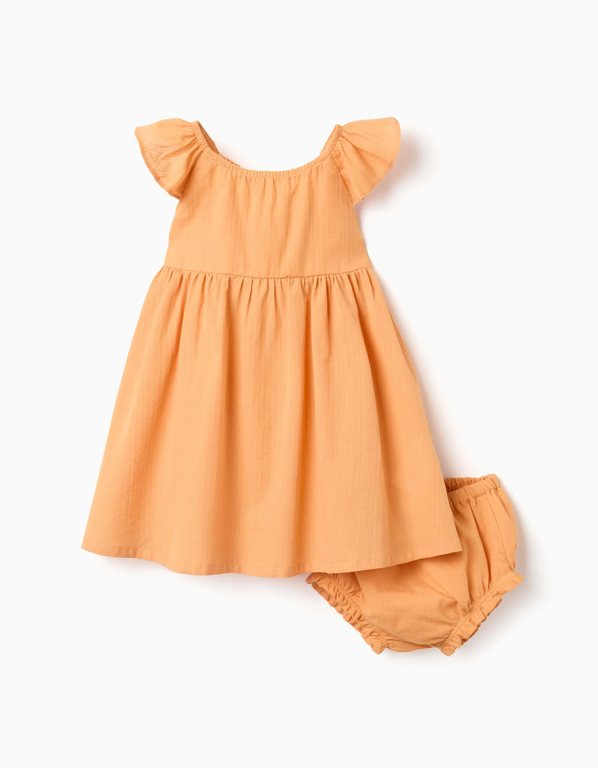 Cotton dress with ruffles and lining for baby girls, orange