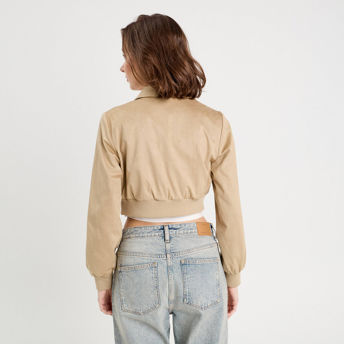 Veste courte zippée suédine beige femme