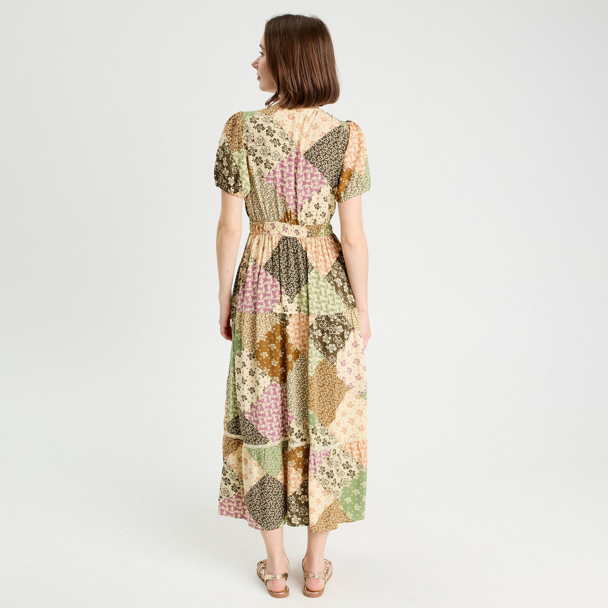 Robe longue évasée beige femme