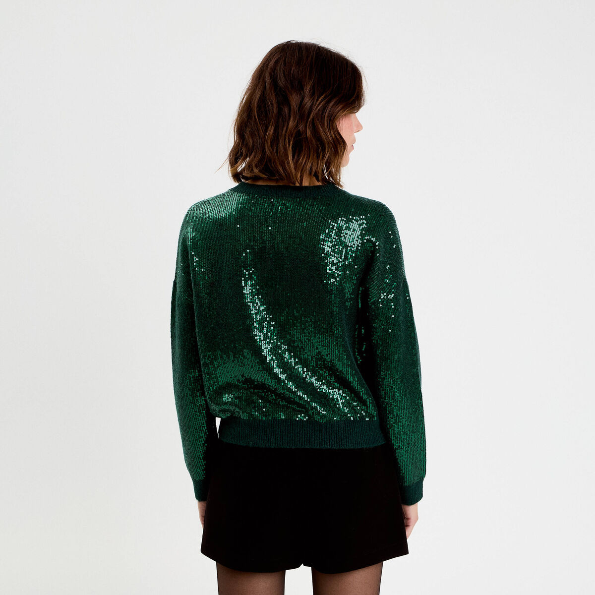 Pull manches longues avec sequins vert foncé femme
