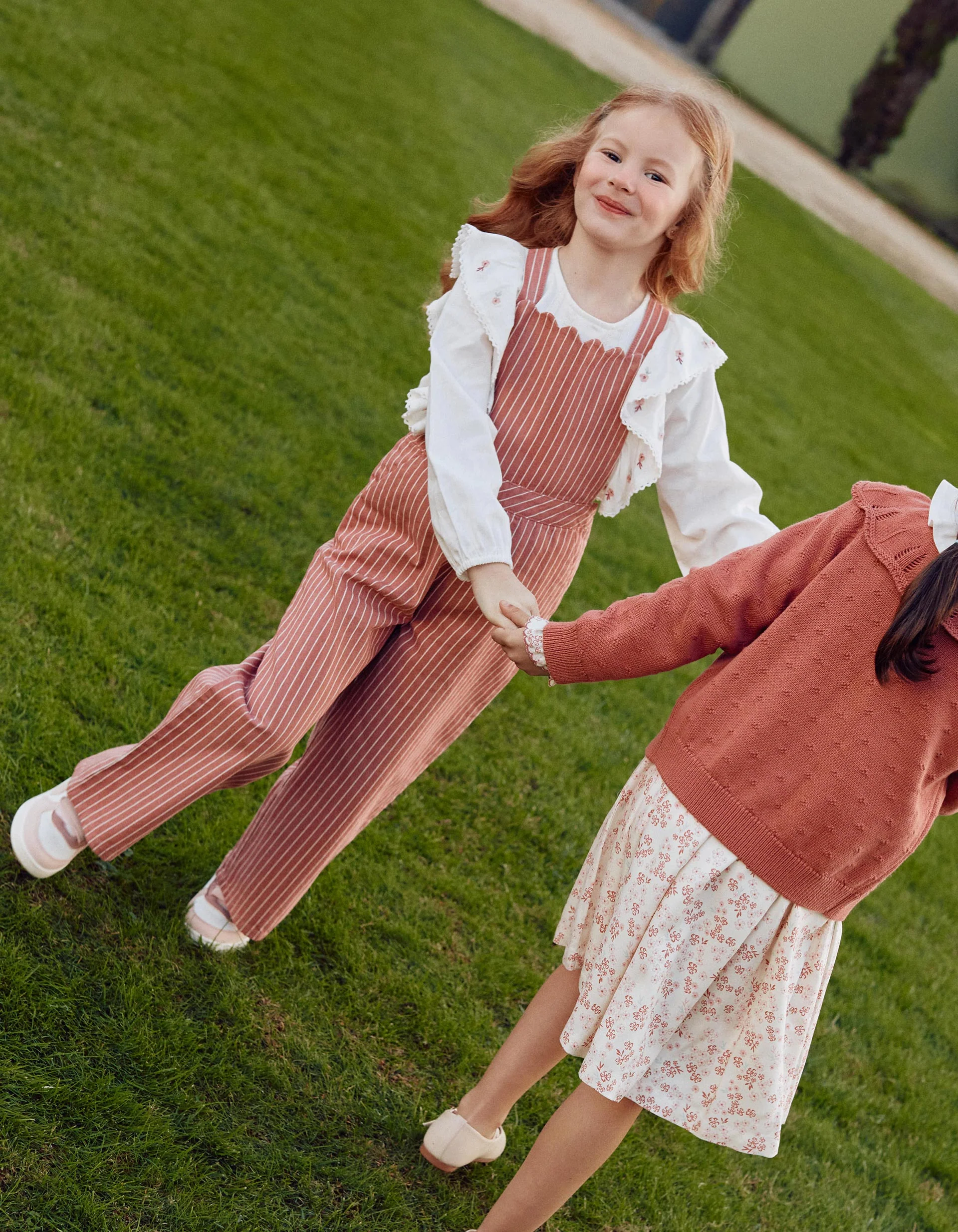 Cotton twill jumpsuit with stripes for girls, pink/white