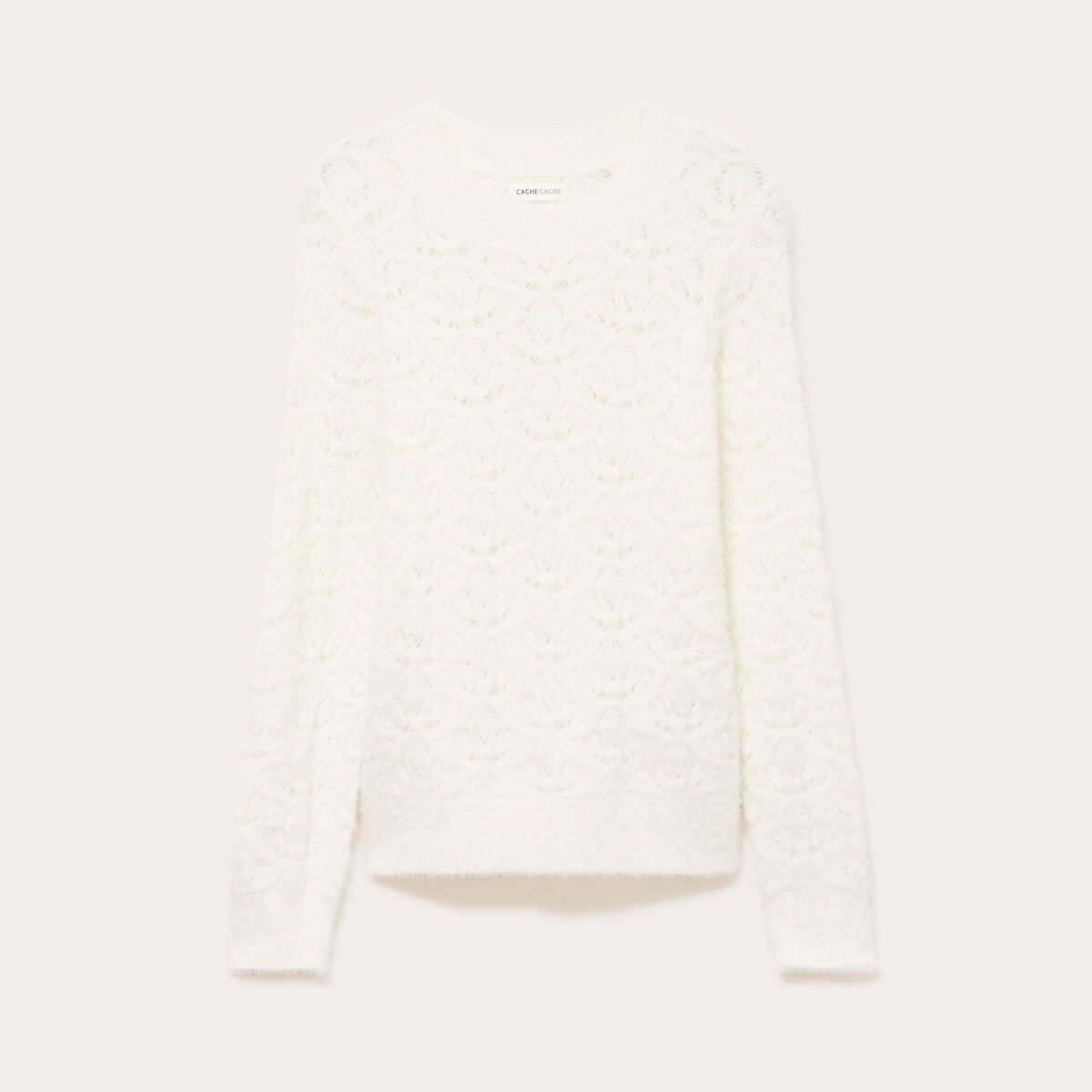 Pull ajouré col rond manches longues ecru femme