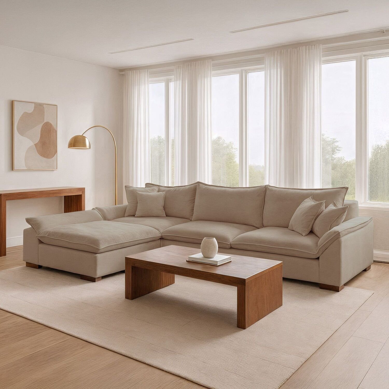 Sofá de Canto Modulado com Chaise 6 Lugares Base em Madeira Maciça Dominique