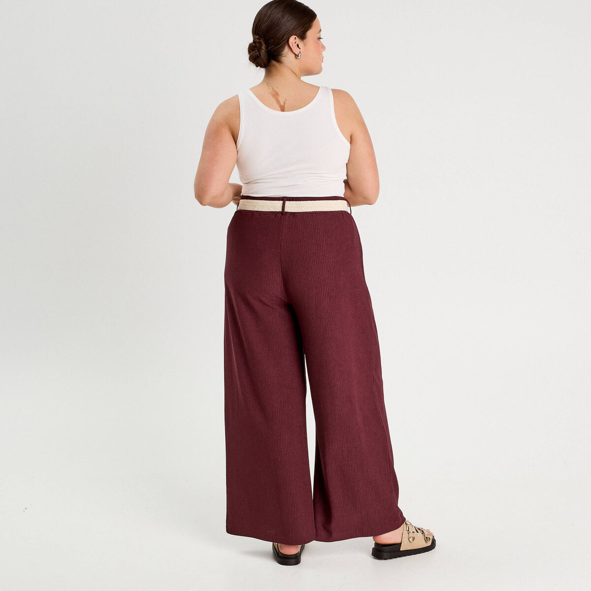 Pantalon large fluide ceinturé prune femme